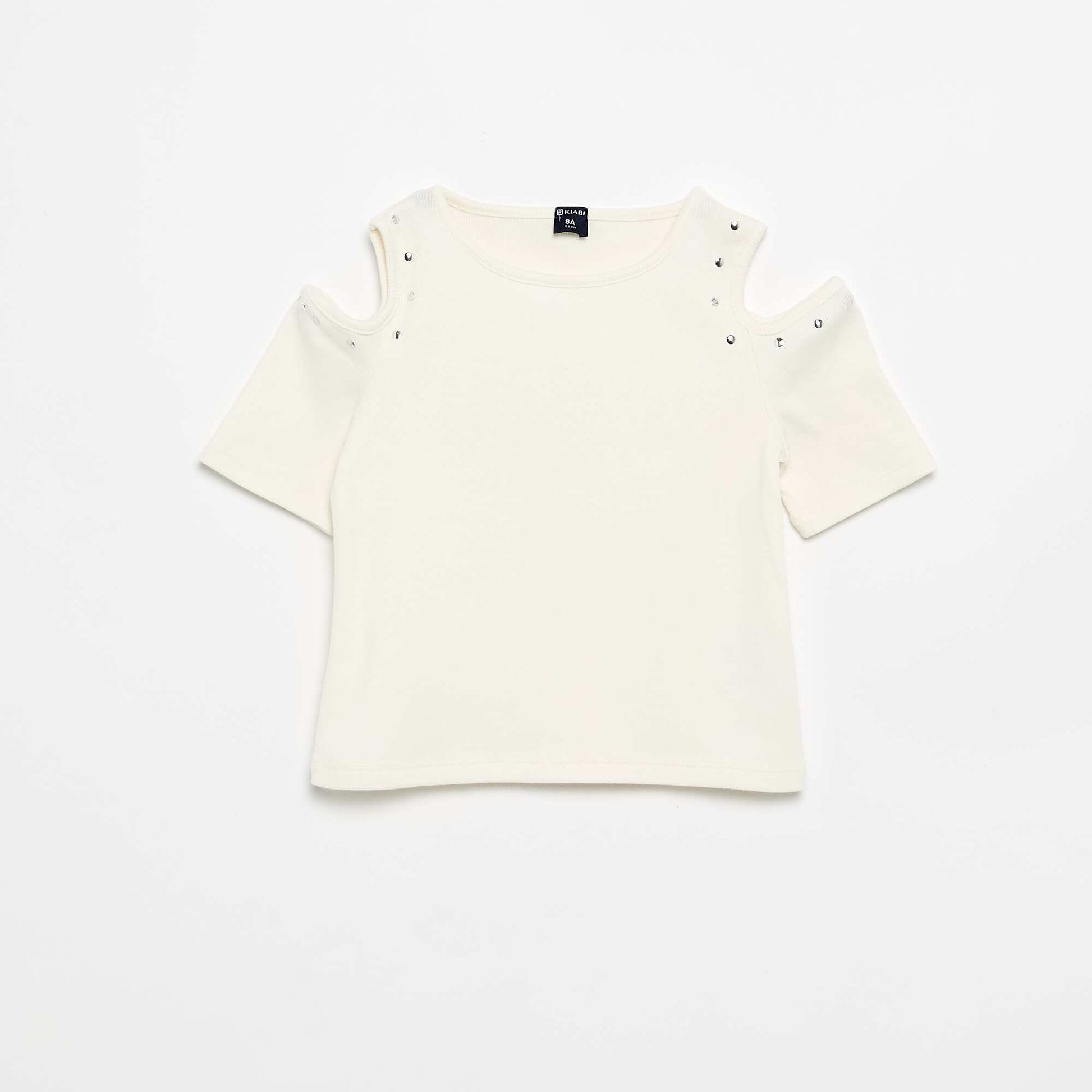 Ribbed Cold Shoulder T-shirt with Studs WHITE