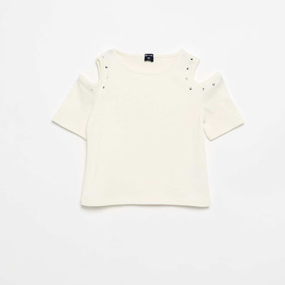 Ribbed Cold Shoulder T-shirt with Studs WHITE