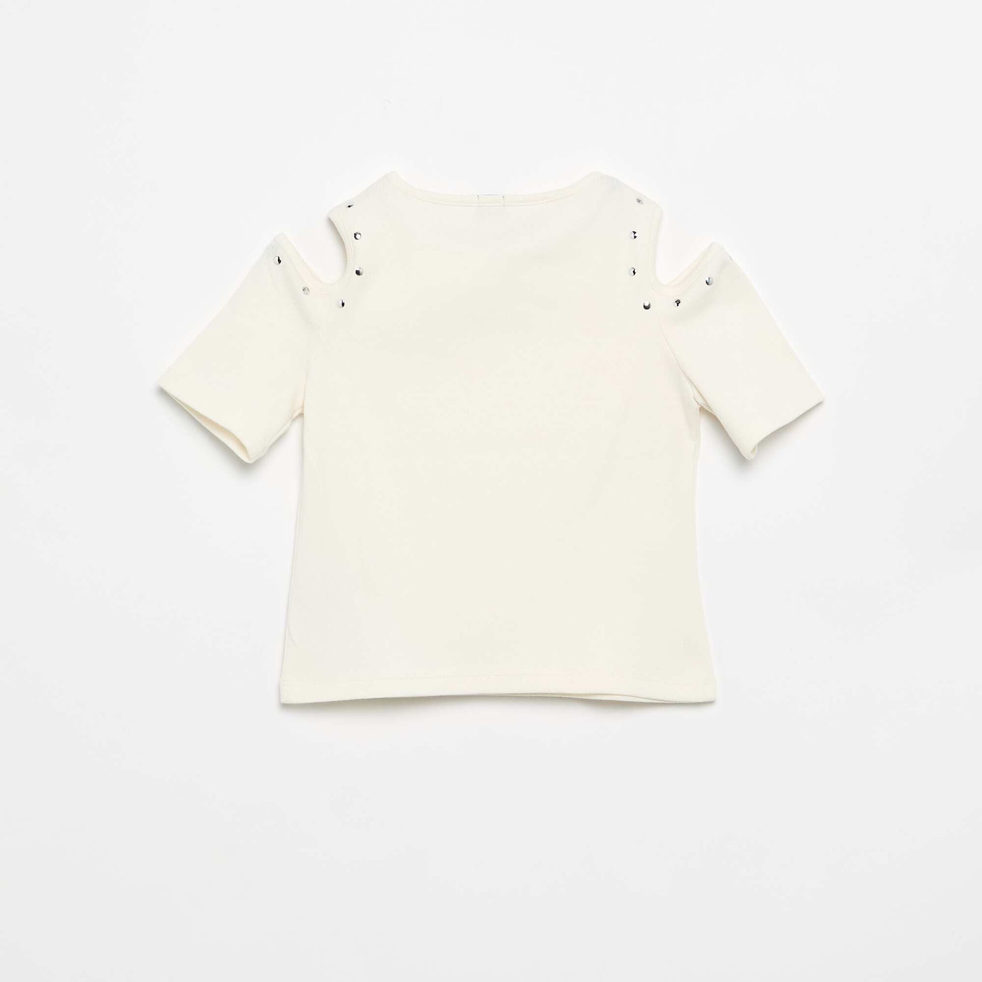 Ribbed Cold Shoulder T-shirt with Studs WHITE