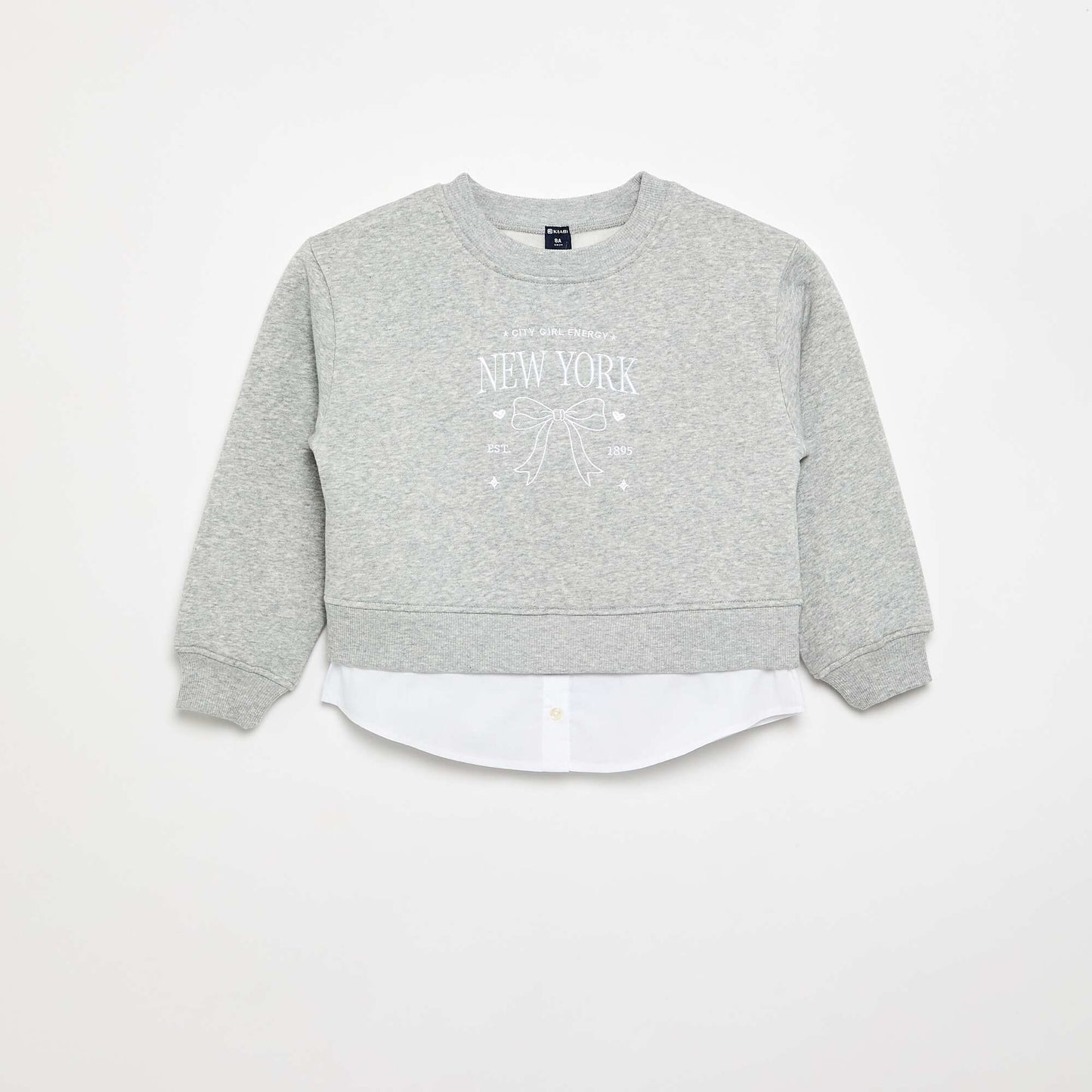 Sweatshirt with Integrated Shirt Hem and Chest Embroidery GREY