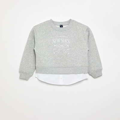 Sweatshirt with Integrated Shirt Hem and Chest Embroidery GREY