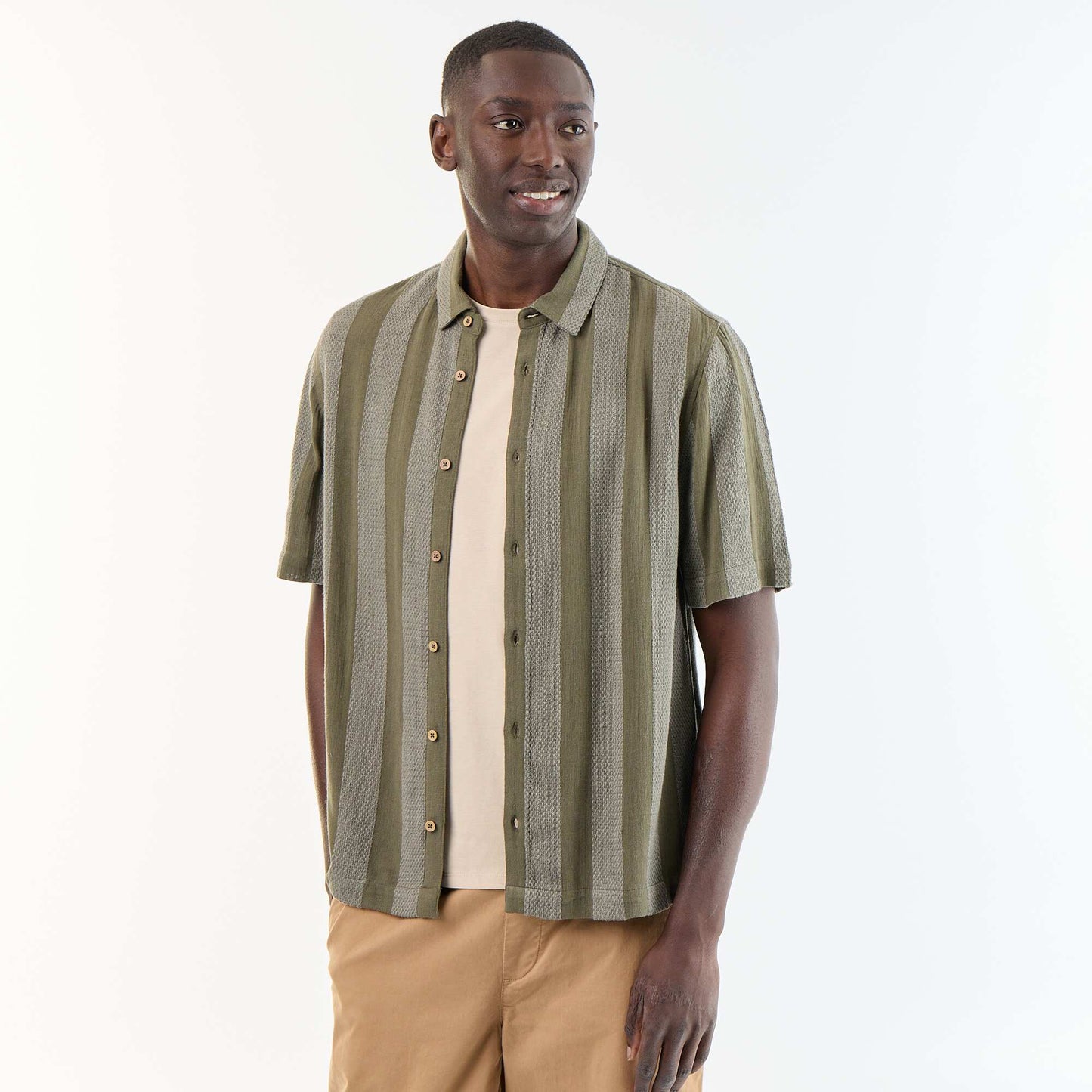 Crochet Knit Short-Sleeved Shirt KHAKI