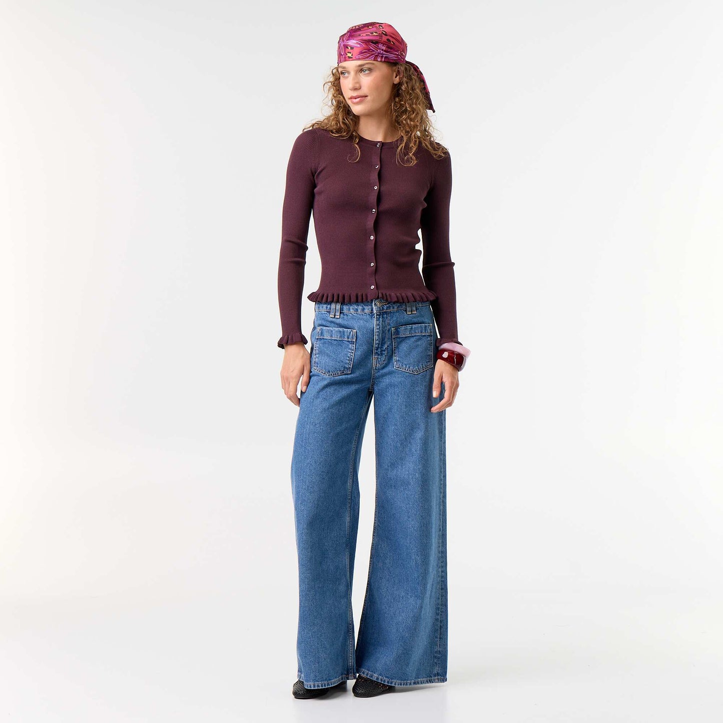 Ruffled Trim Ribbed Cardigan PURPLE