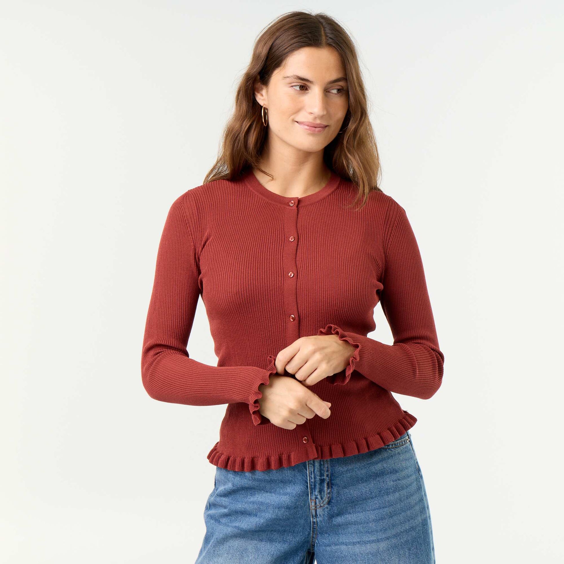 Ruffled Trim Ribbed Cardigan ORANGE