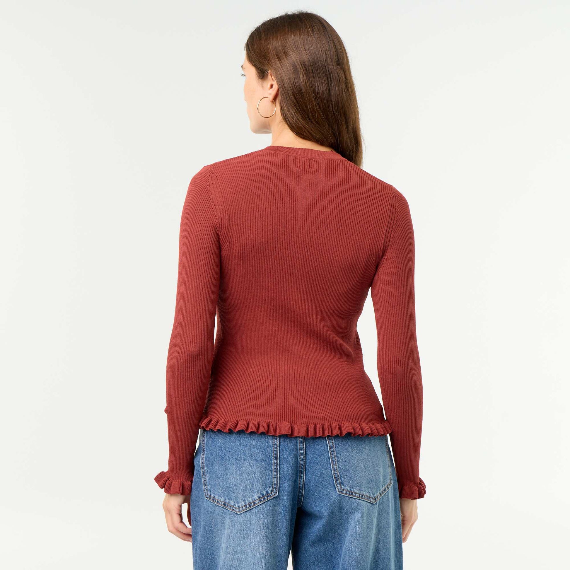 Ruffled Trim Ribbed Cardigan ORANGE