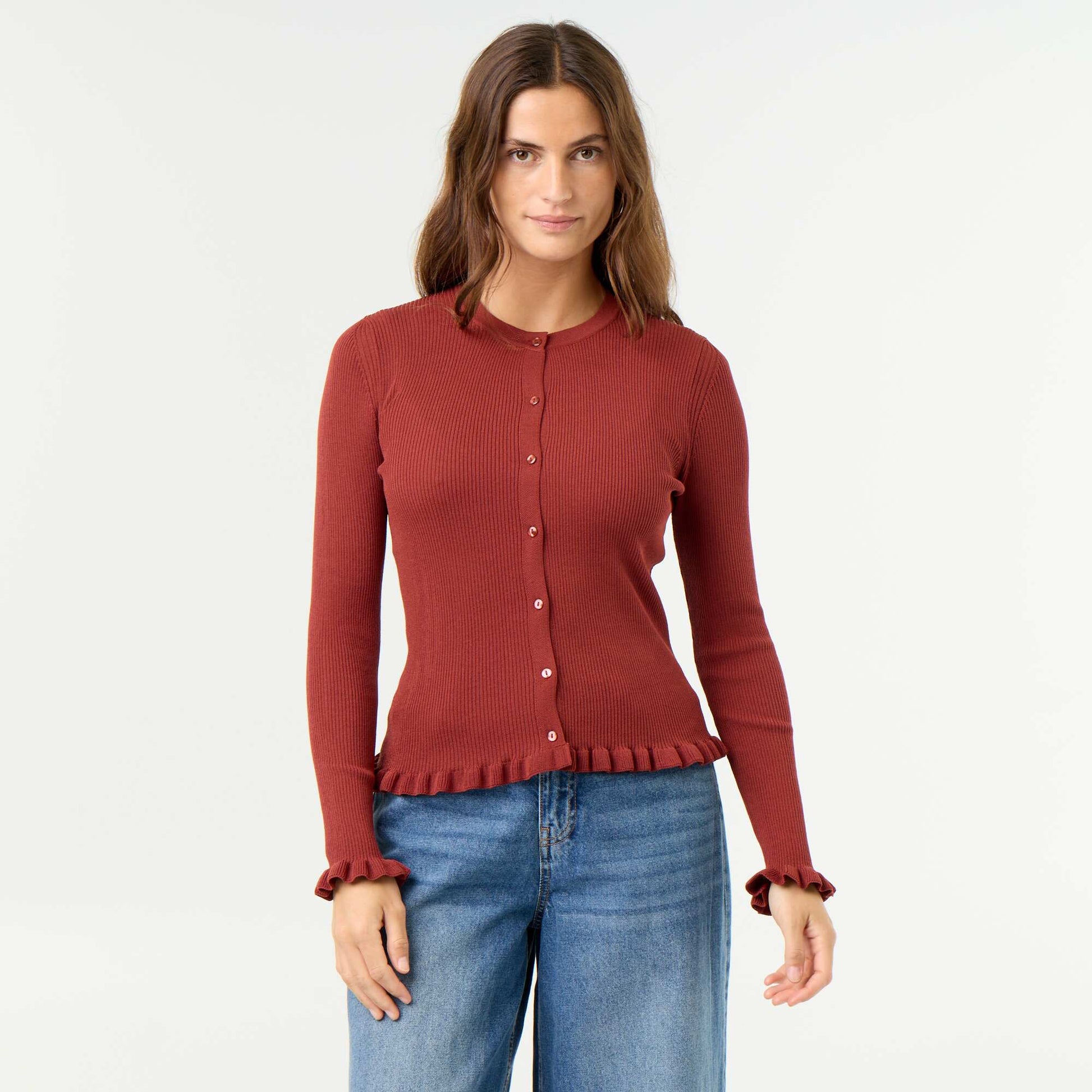 Ruffled Trim Ribbed Cardigan ORANGE