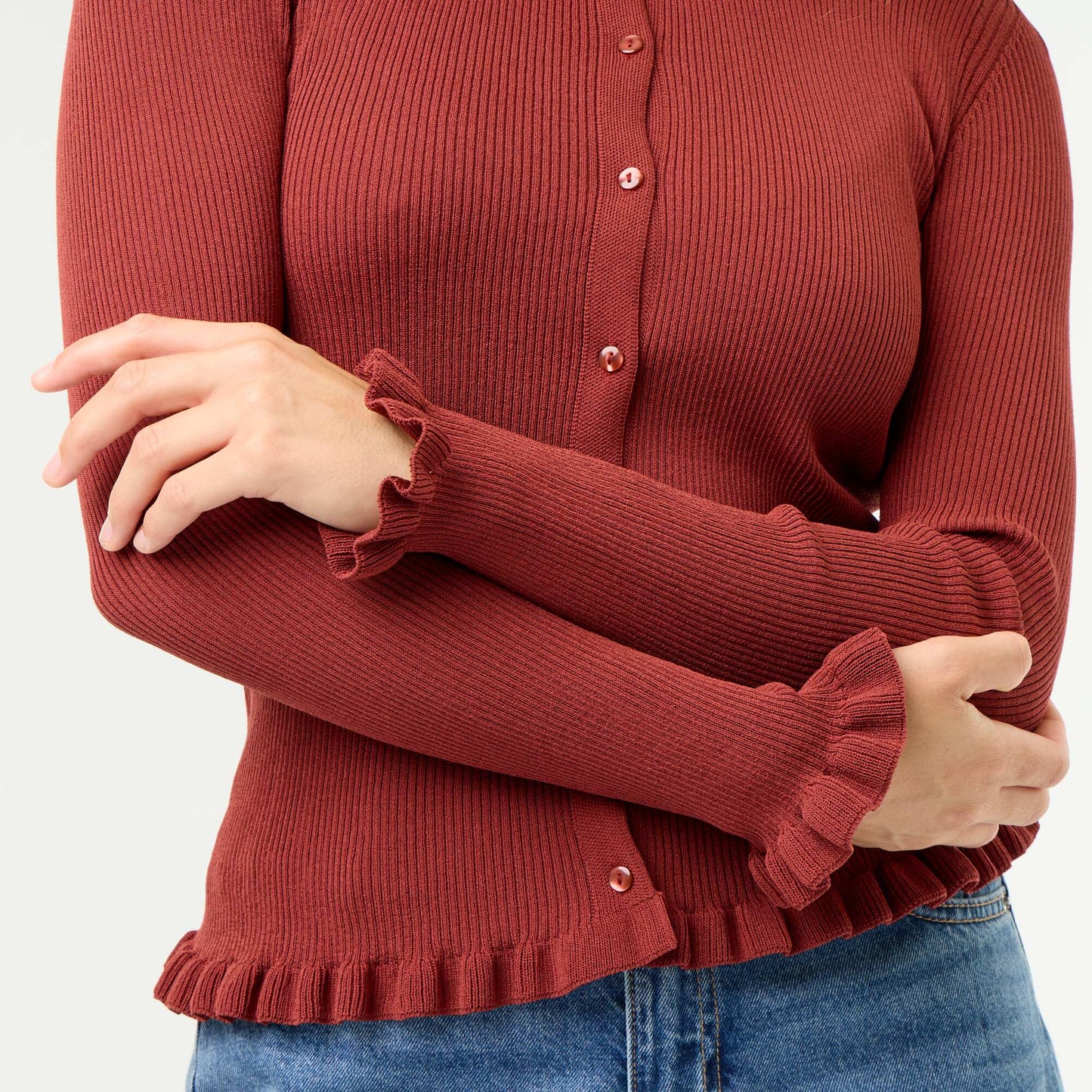 Ruffled Trim Ribbed Cardigan ORANGE