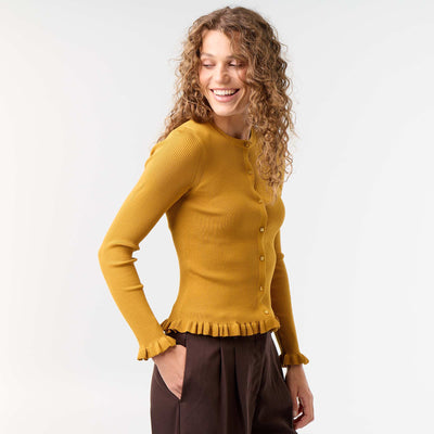 Ruffled Trim Ribbed Cardigan YELLOW