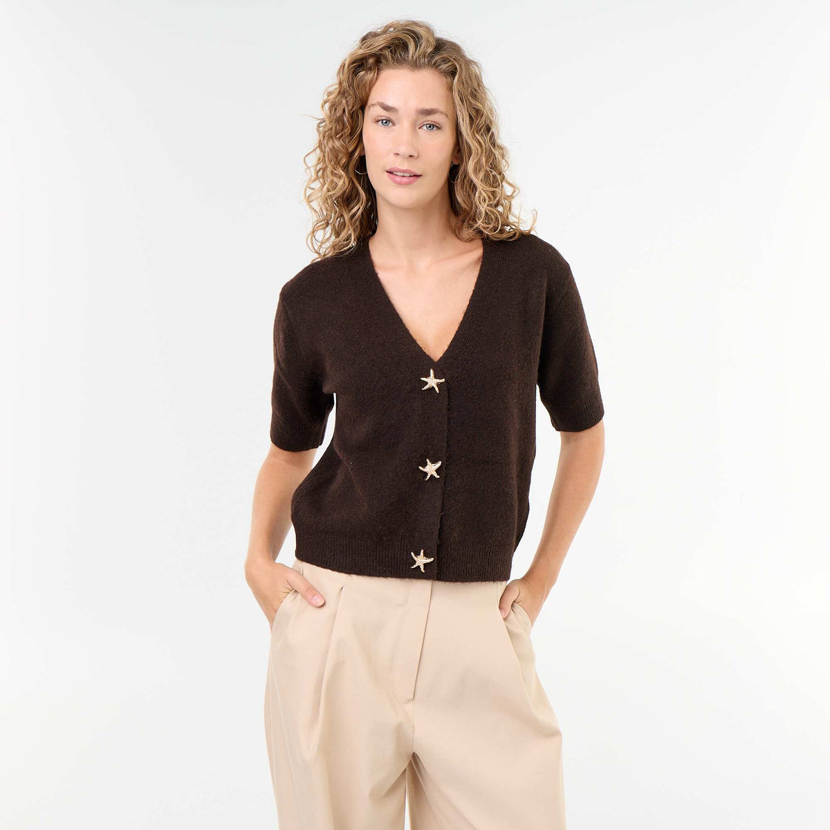Sleeveless V-neck Vest BROWN