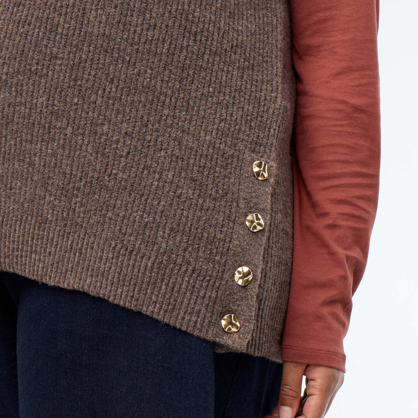 Sleeveless knit top with golden embellishments BROWN