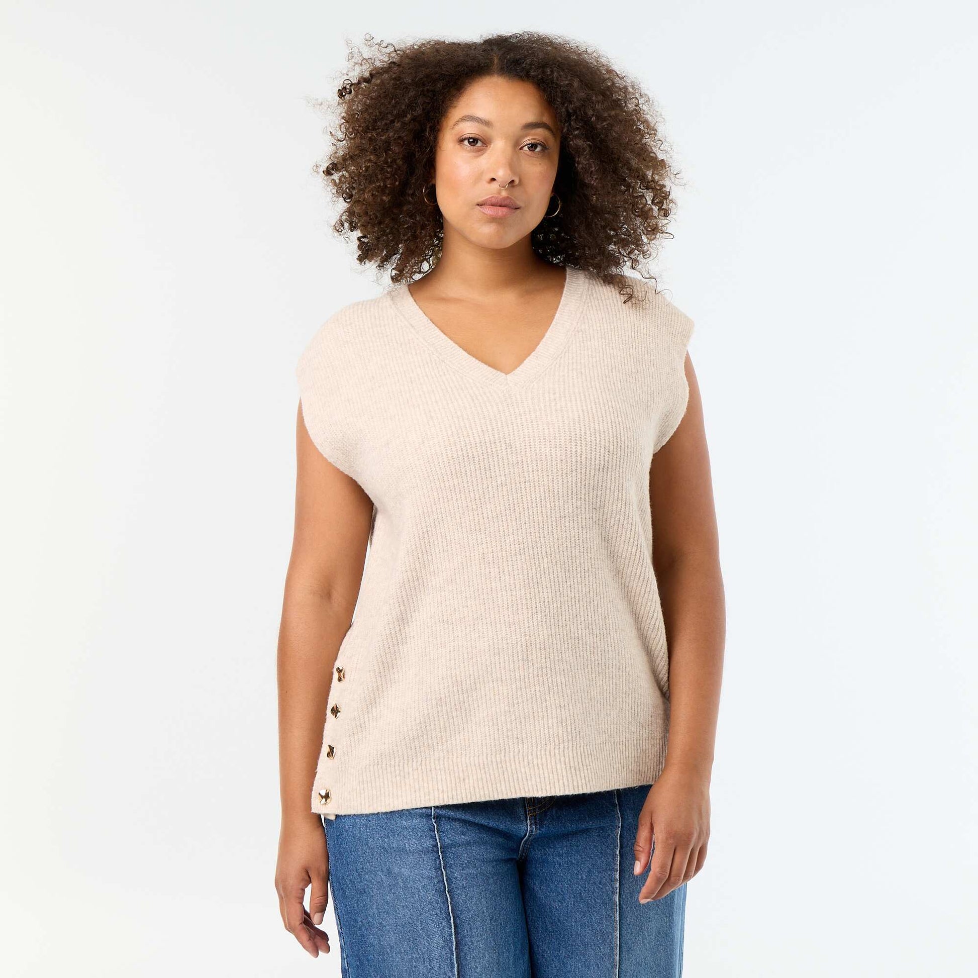 Sleeveless knit top with golden embellishments BEIGE