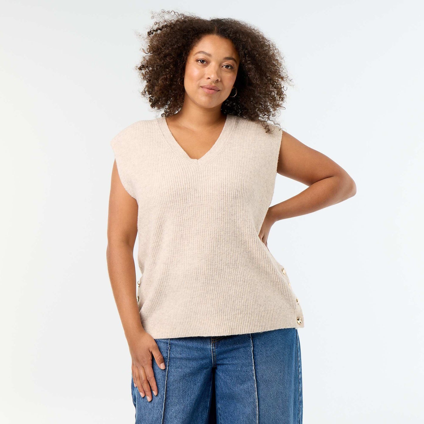Sleeveless knit top with golden embellishments BEIGE