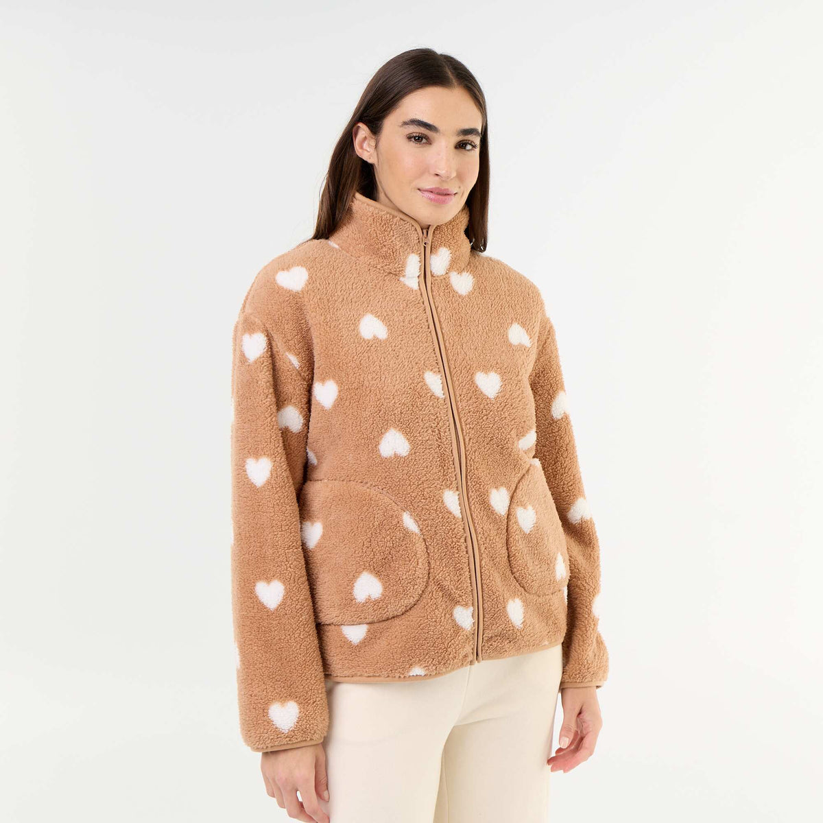 Patterned Zip-Up Fleece Top BROWN