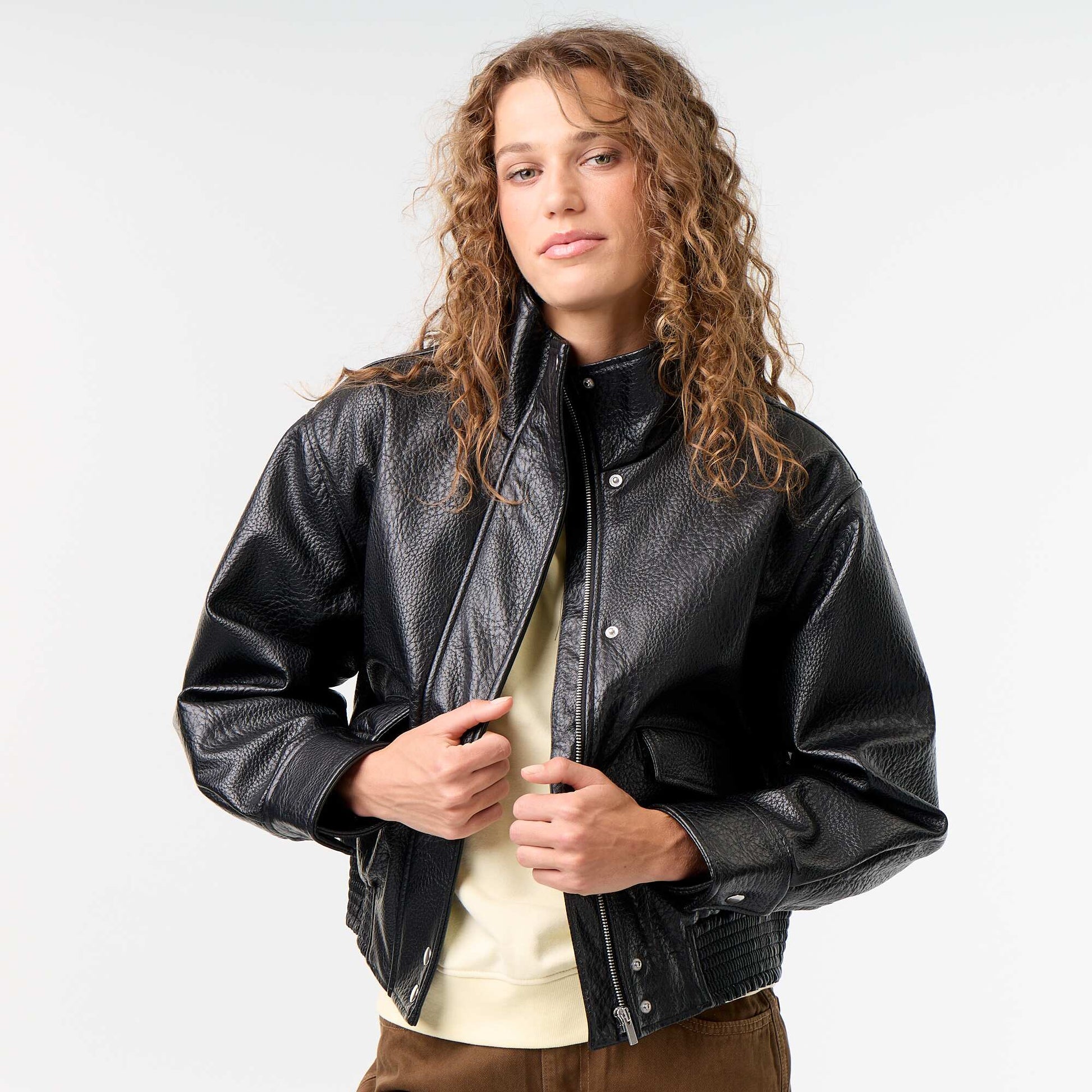Oversized Faux Leather High-Neck Jacket BLACK