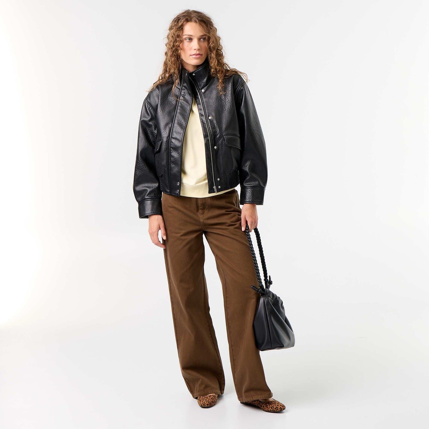 Oversized Faux Leather High-Neck Jacket BLACK