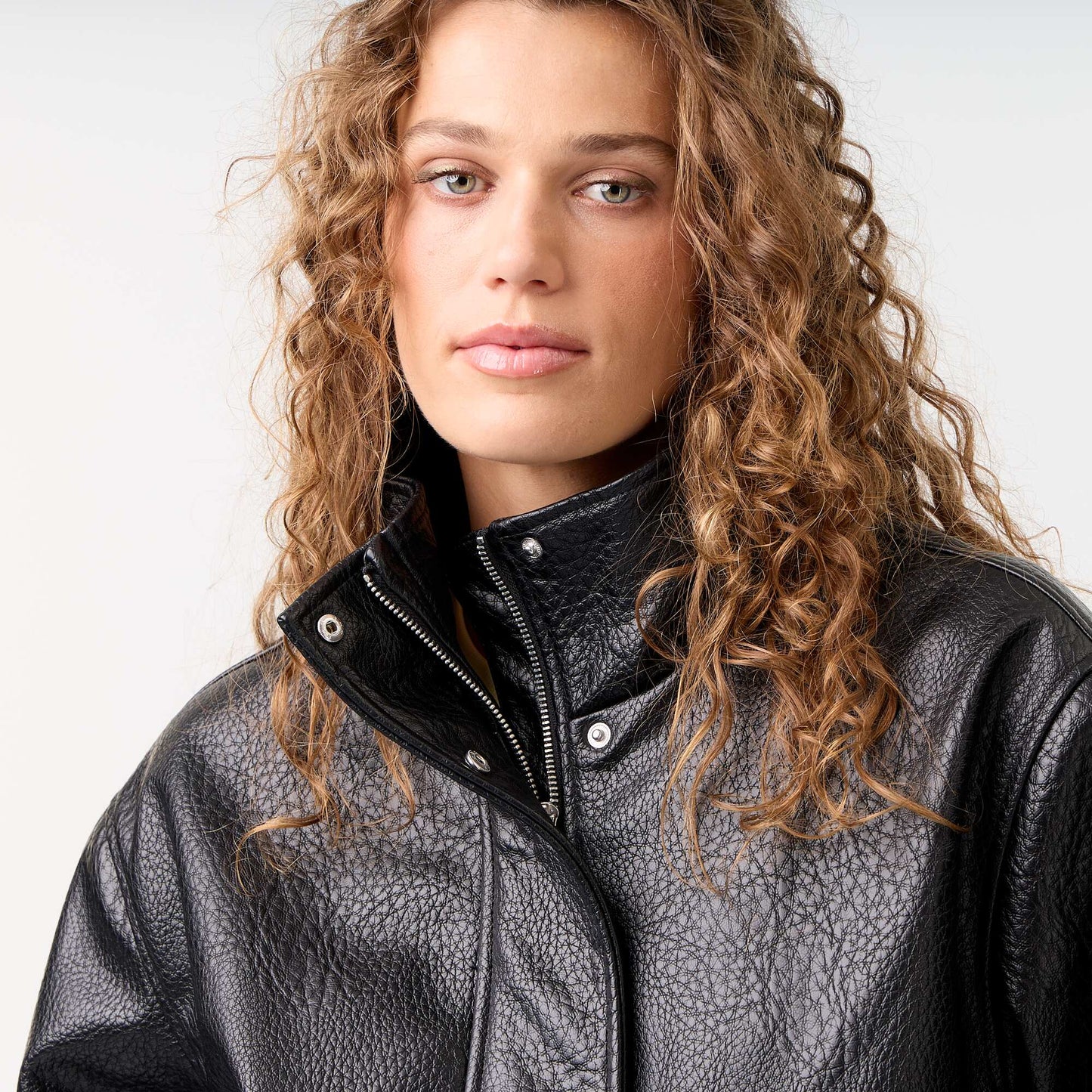 Oversized Faux Leather High-Neck Jacket BLACK