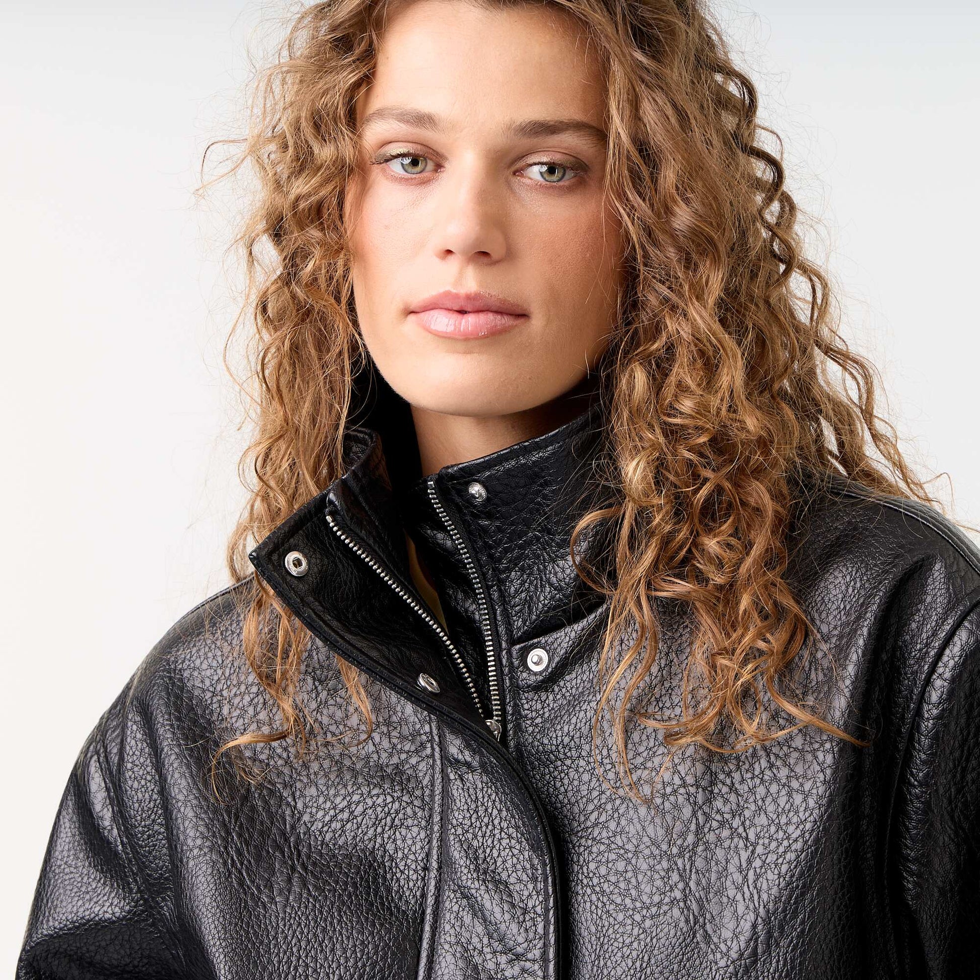 Oversized Faux Leather High-Neck Jacket BLACK