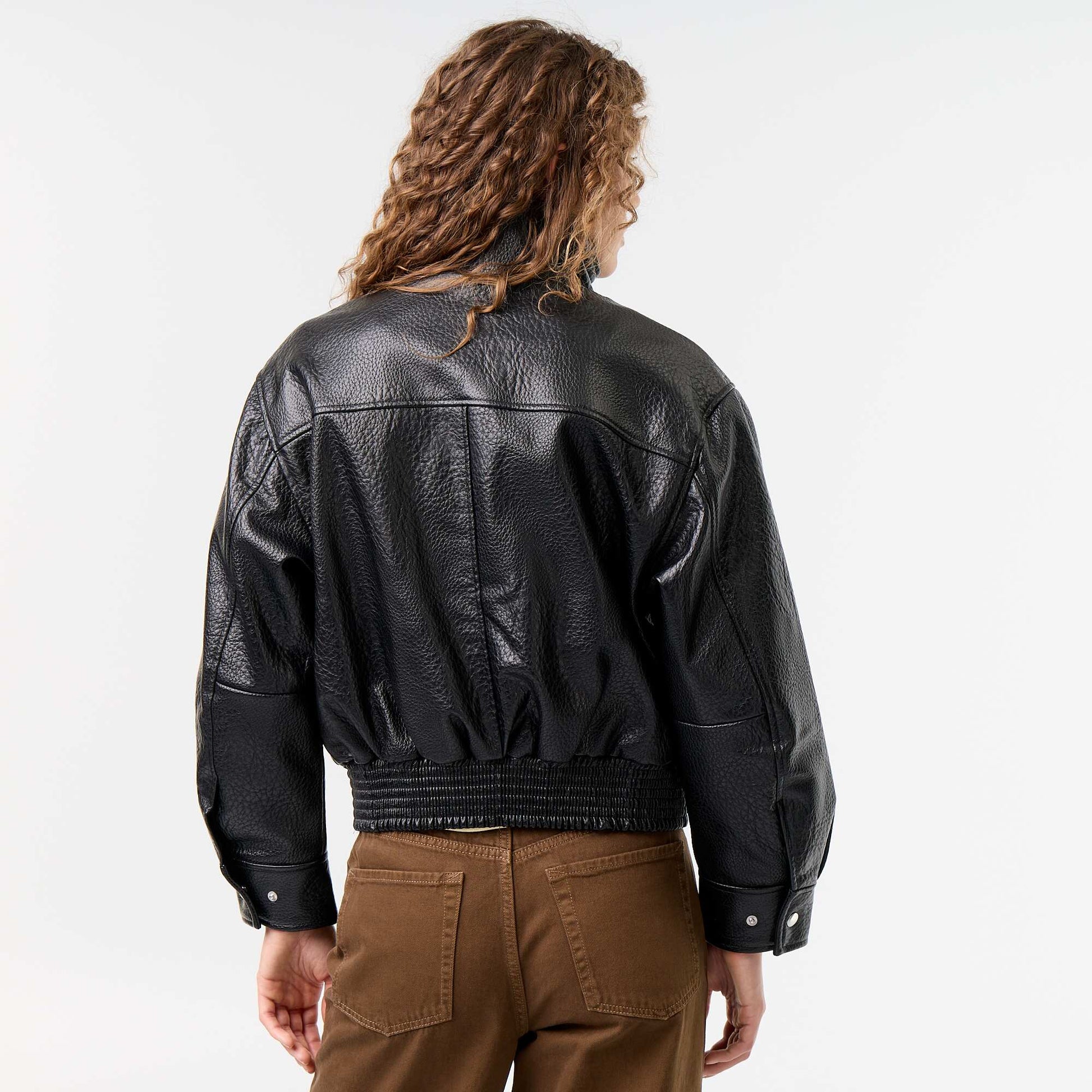 Oversized Faux Leather High-Neck Jacket BLACK
