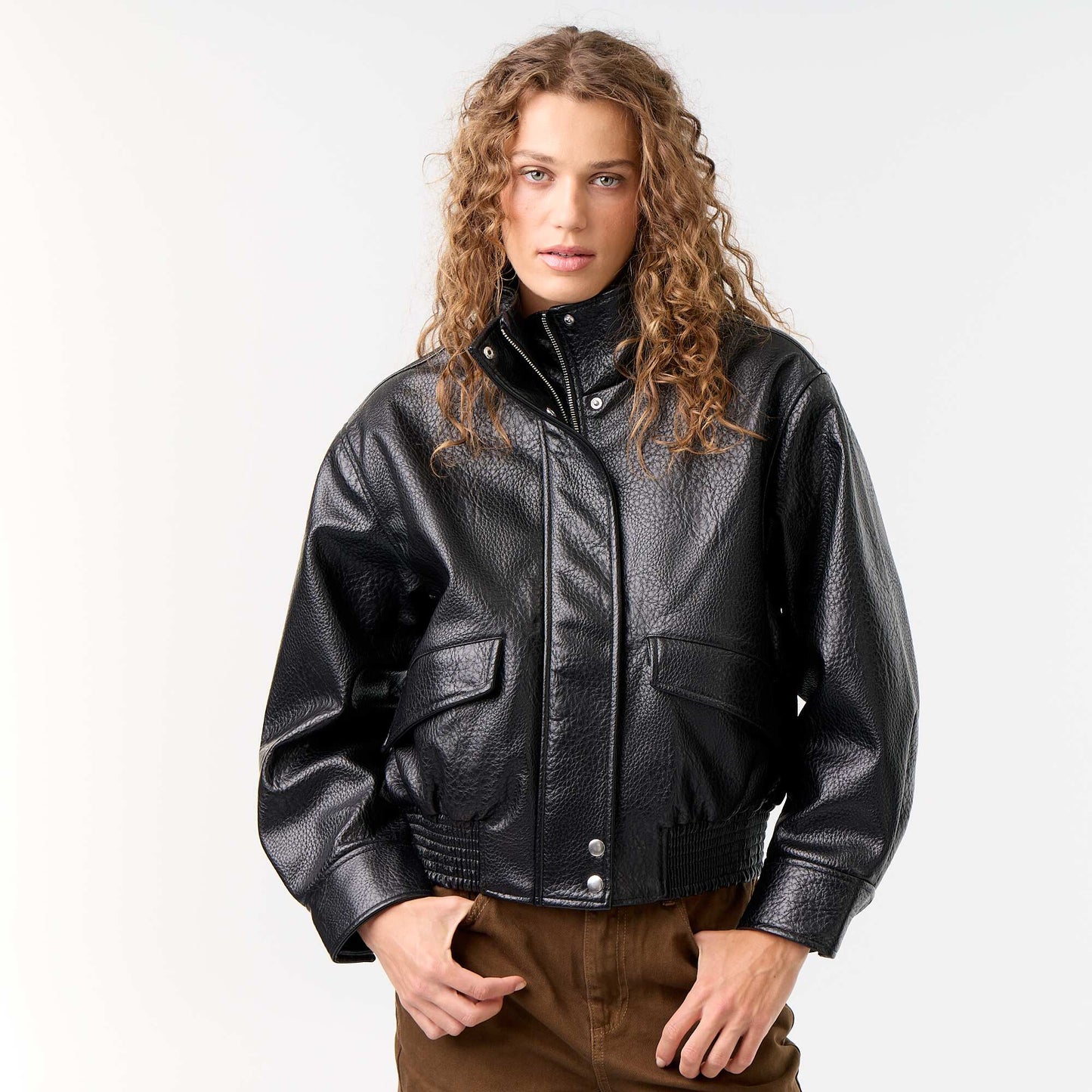 Oversized Faux Leather High-Neck Jacket BLACK