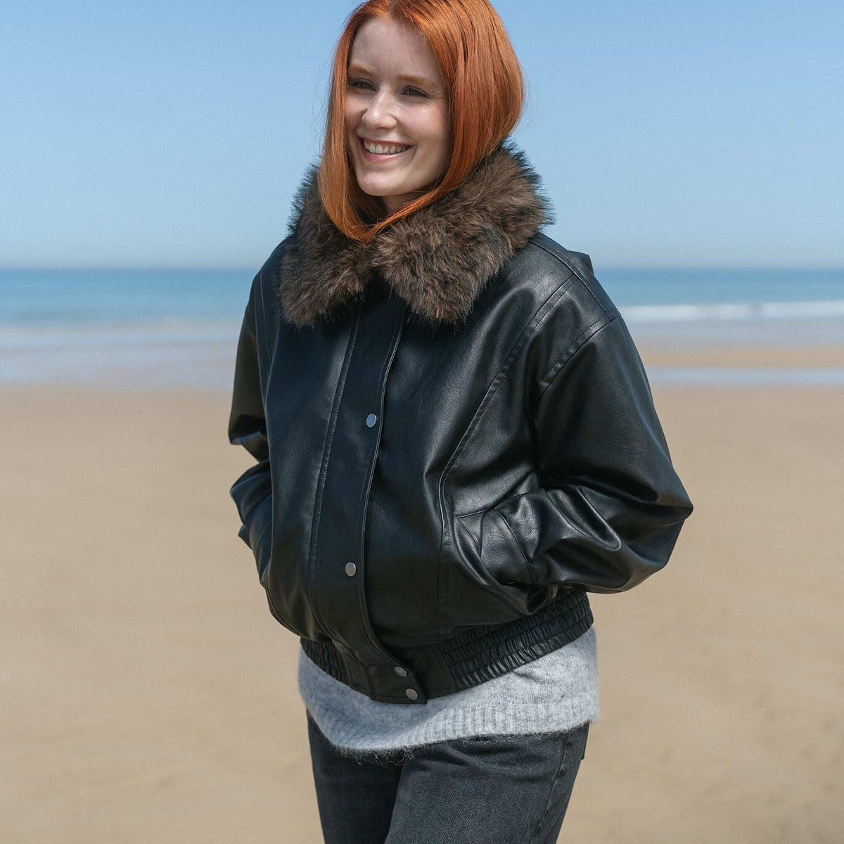 Oversized Faux Leather Jacket with Removable Fur Collar BLACK