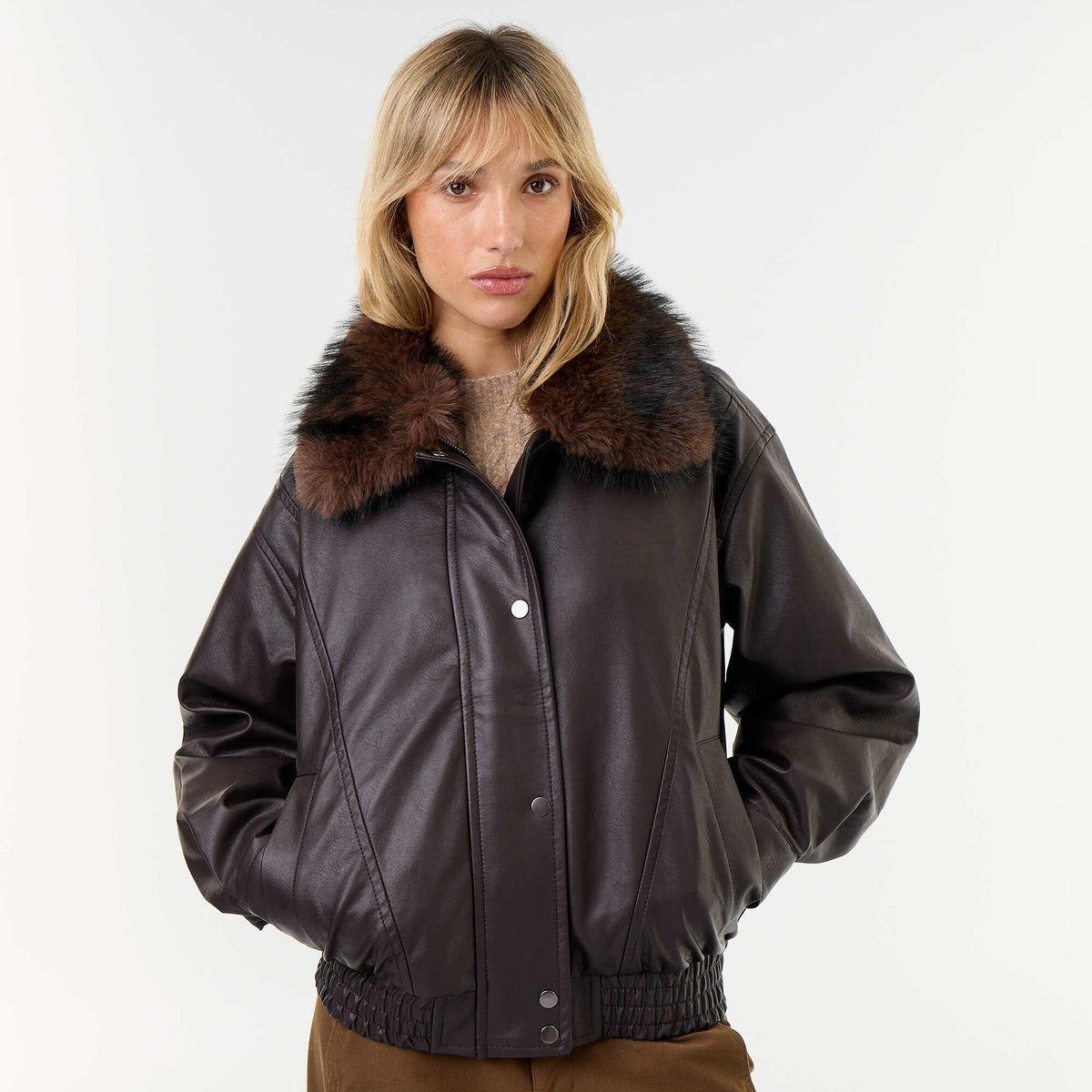Oversized Faux Leather Jacket with Removable Fur Collar BROWN