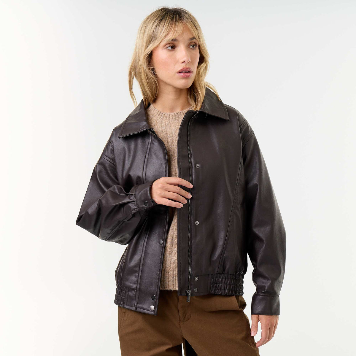 Oversized Faux Leather Jacket with Removable Fur Collar BROWN