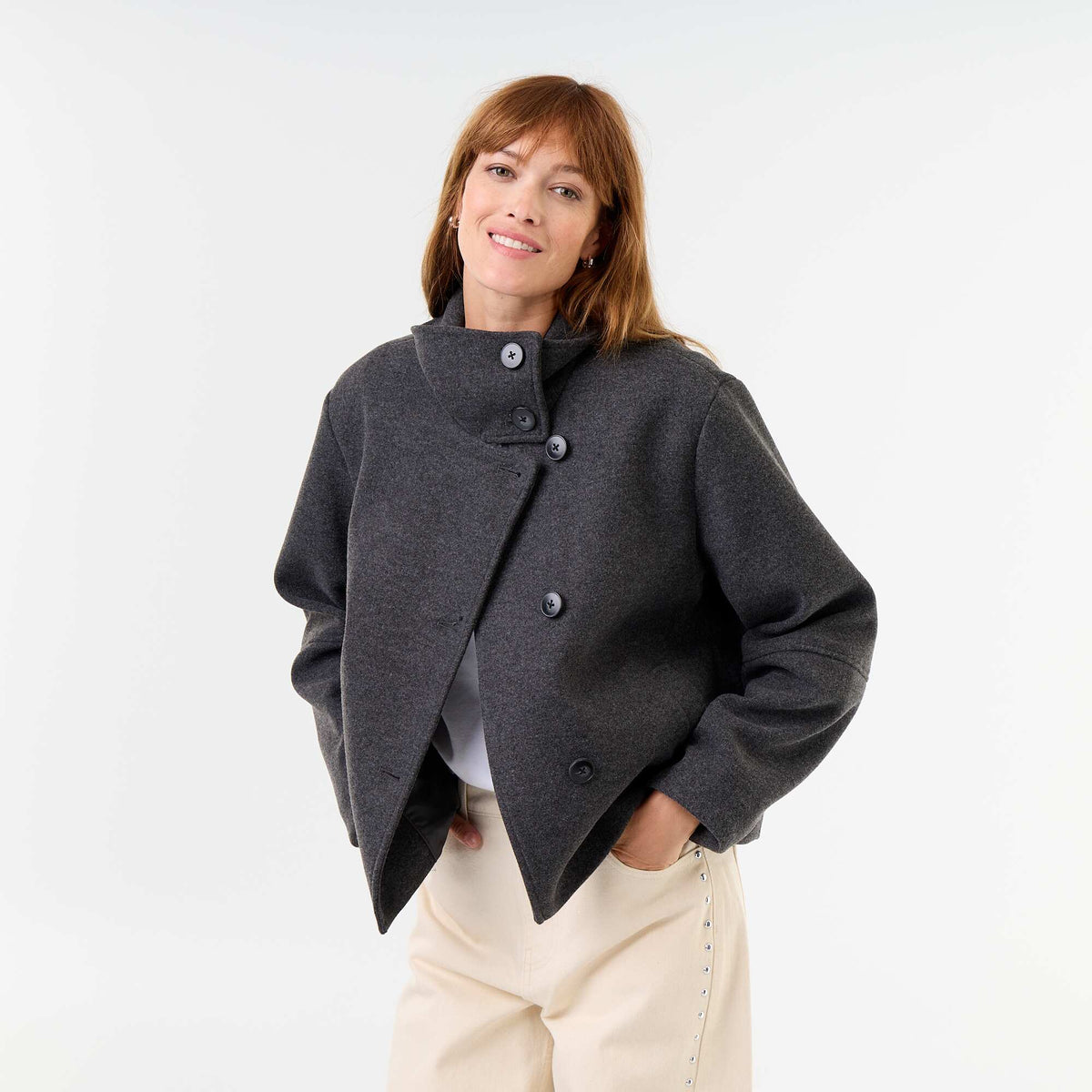 Wool-effect short coat GREY
