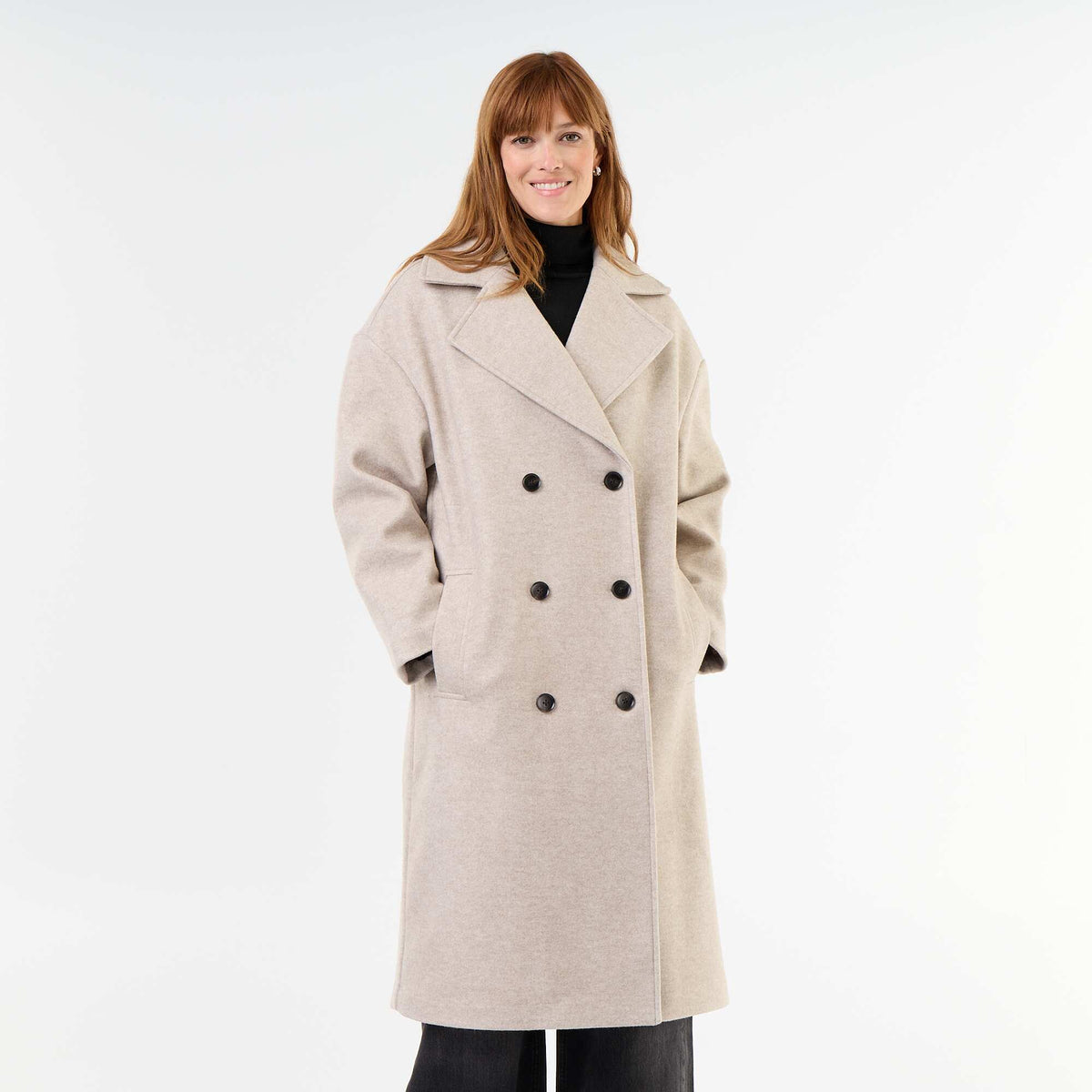 Long wool-effect coat with tailored collar BEIGE