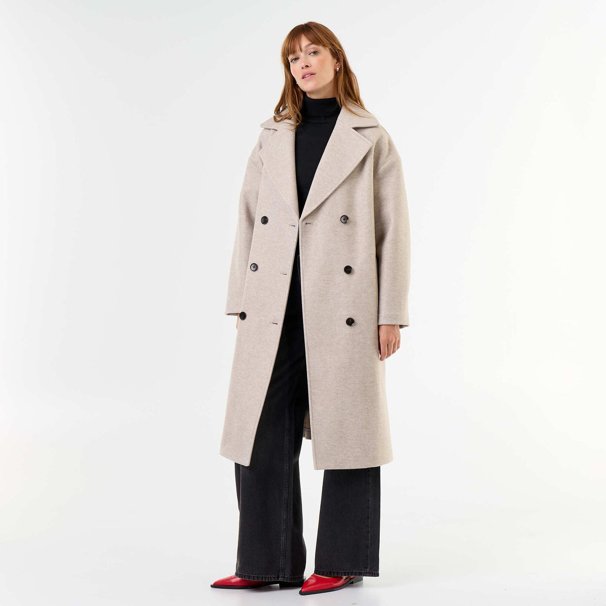 Long wool-effect coat with tailored collar BEIGE
