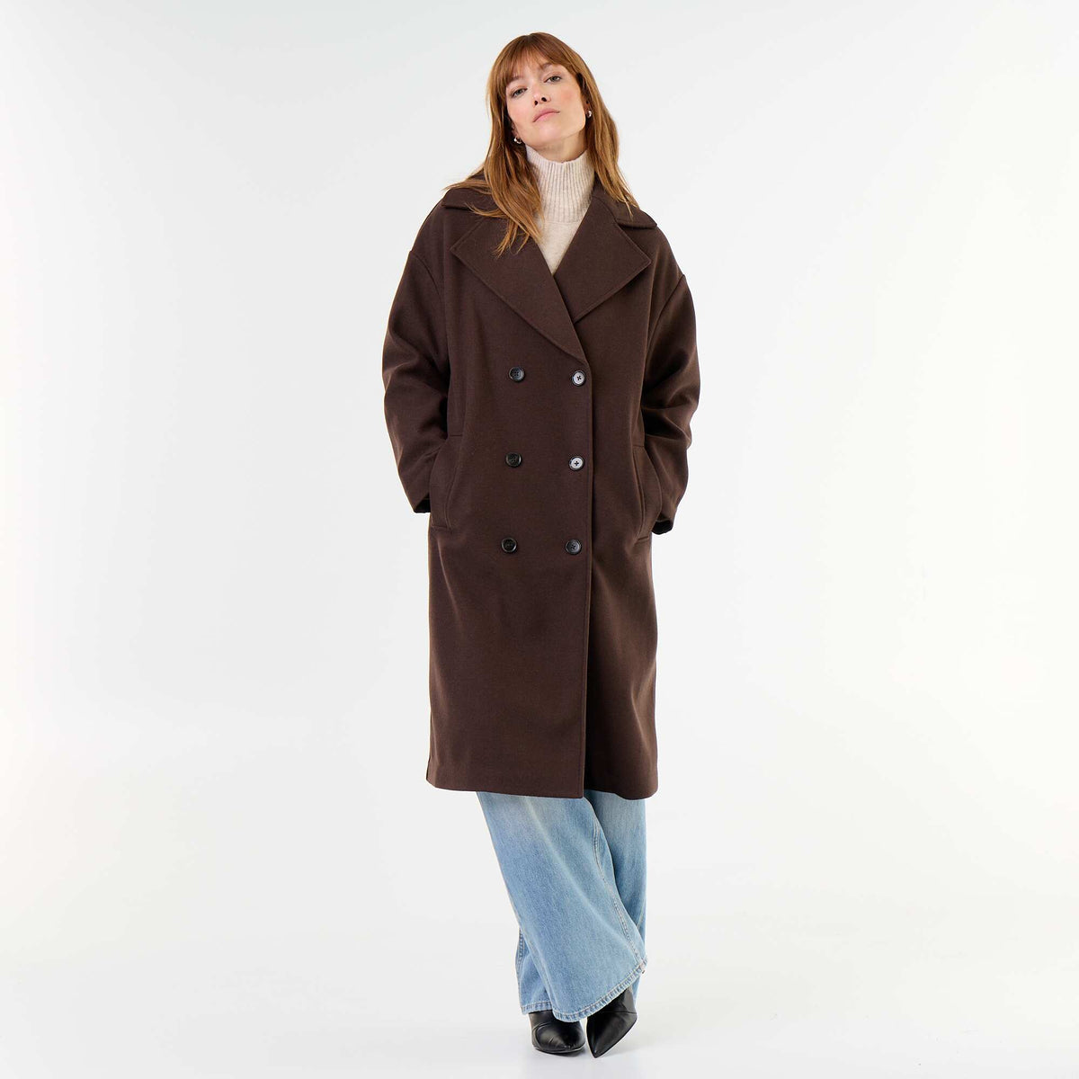Long wool-effect coat with tailored collar BROWN
