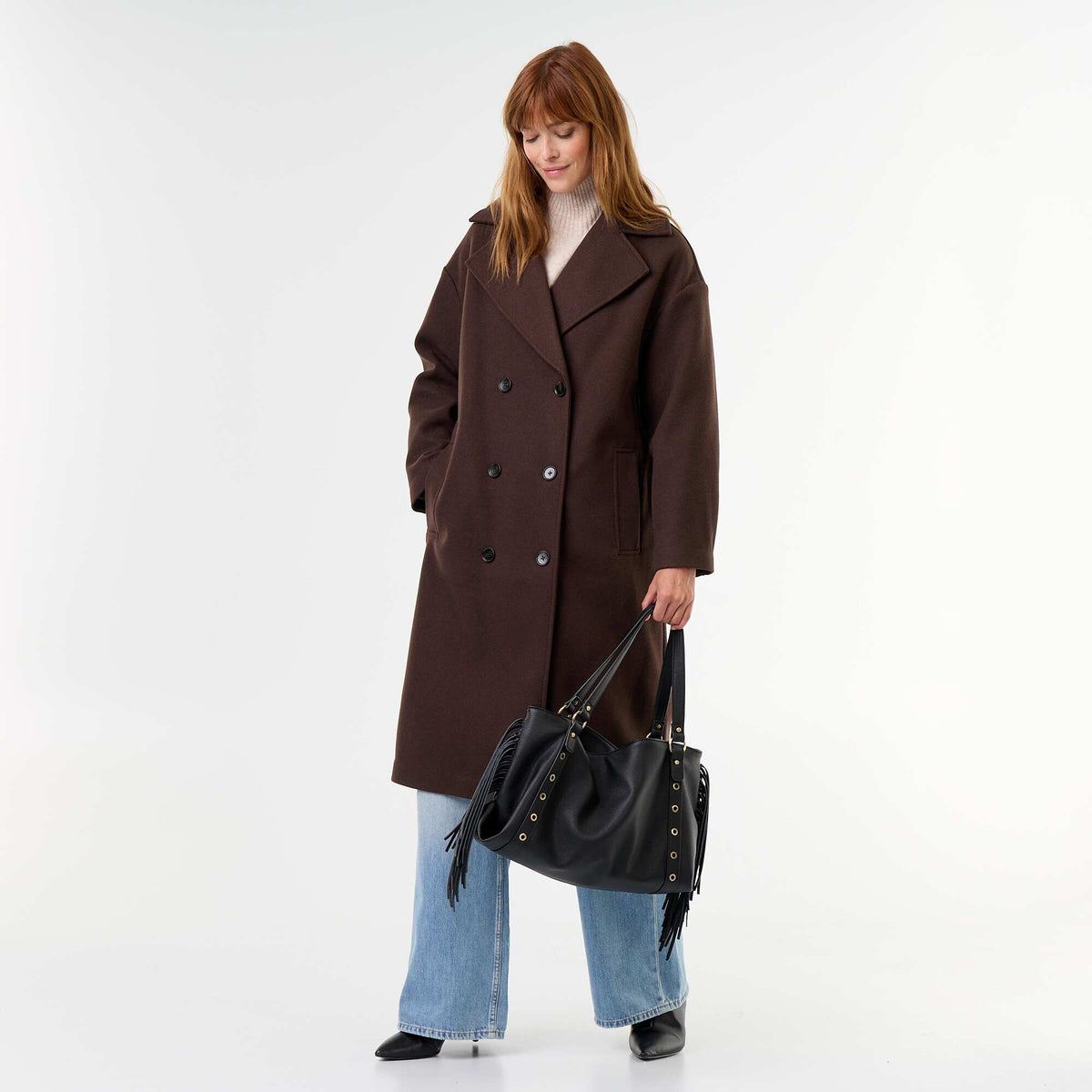 Long wool-effect coat with tailored collar BROWN