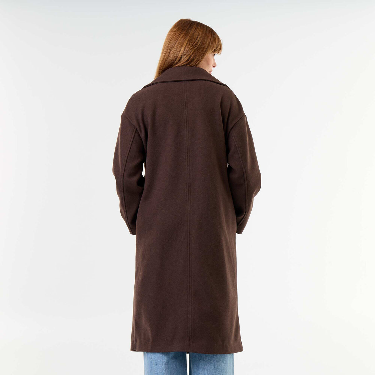 Long wool-effect coat with tailored collar BROWN