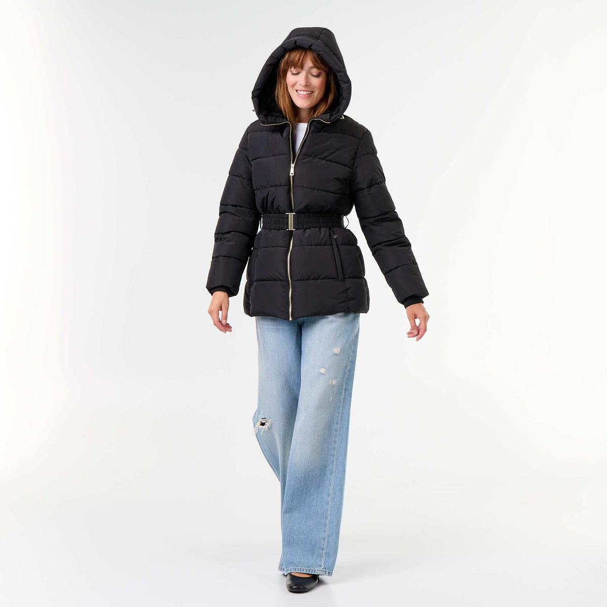 Faux fur-lined hooded parka BLACK
