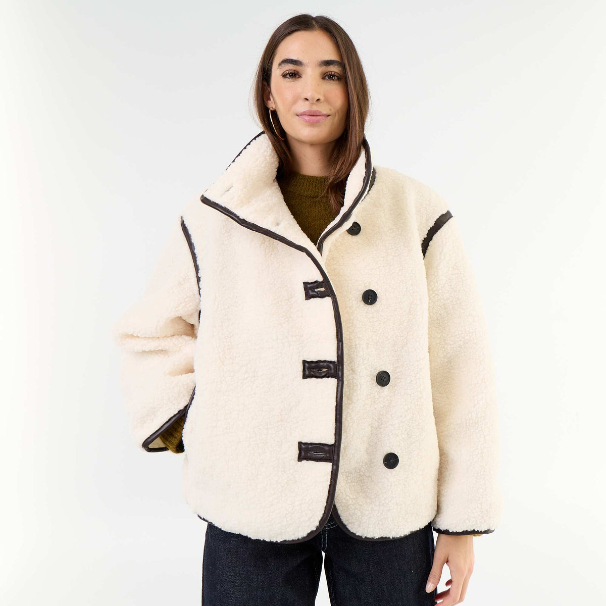 Shearling-look coat with contrasting trims BEIGE