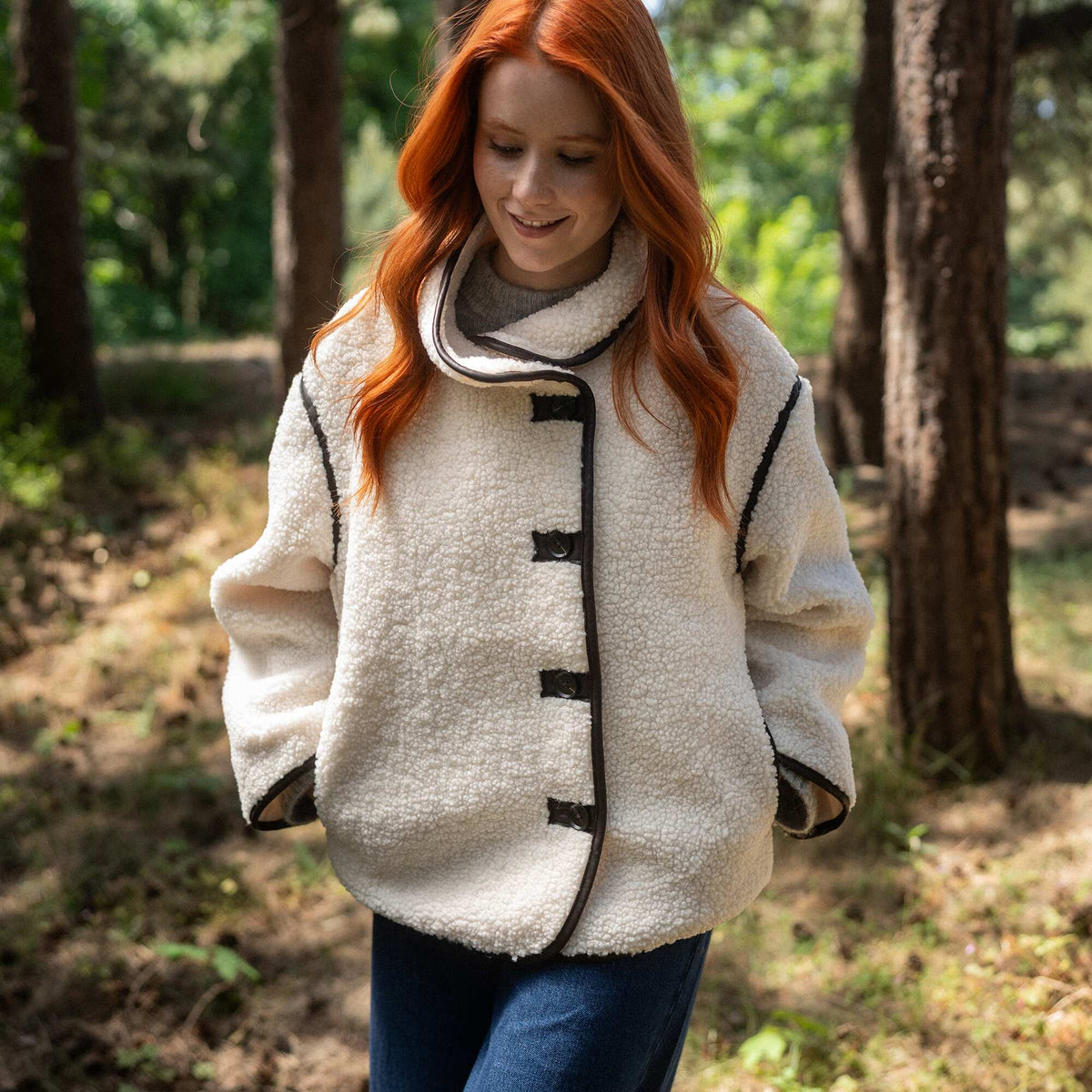 Shearling-look coat with contrasting trims BEIGE