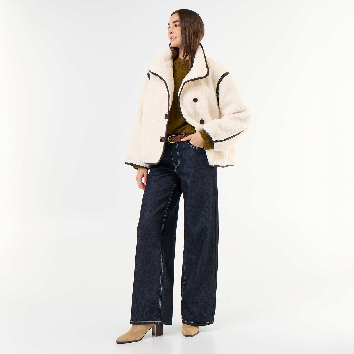 Shearling-look coat with contrasting trims BEIGE