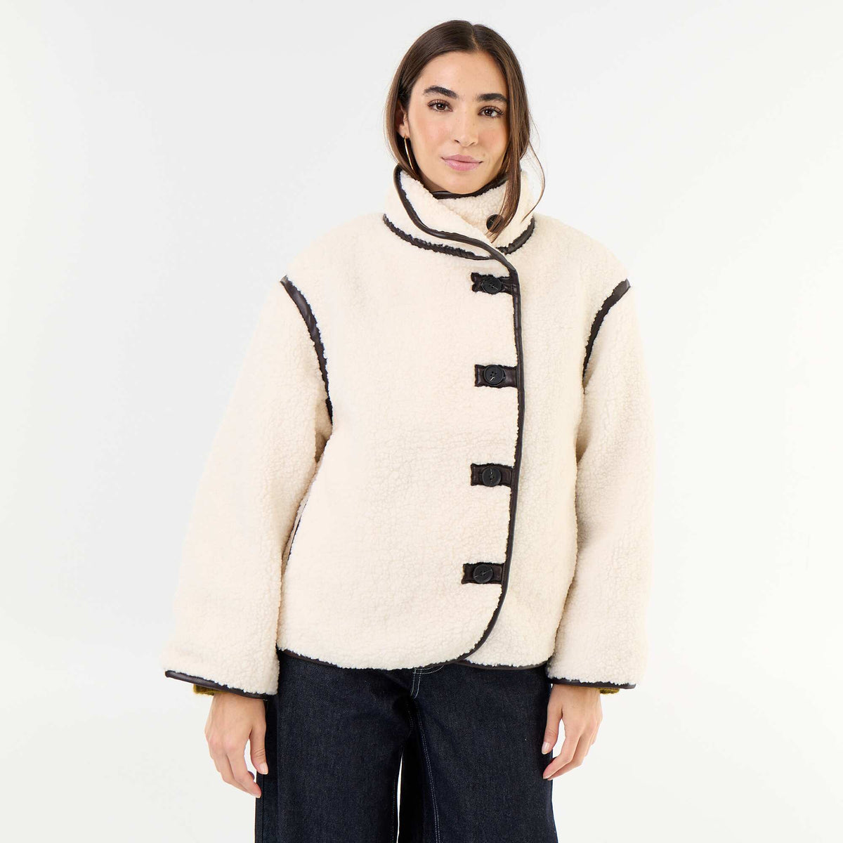 Shearling-look coat with contrasting trims BEIGE