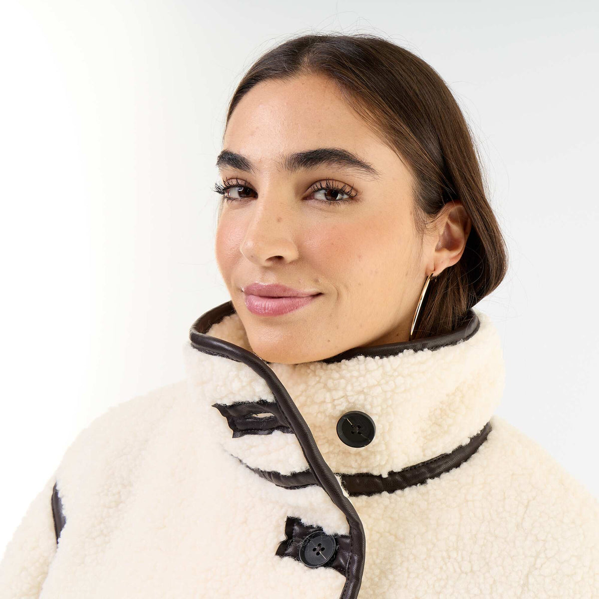 Shearling-look coat with contrasting trims BEIGE