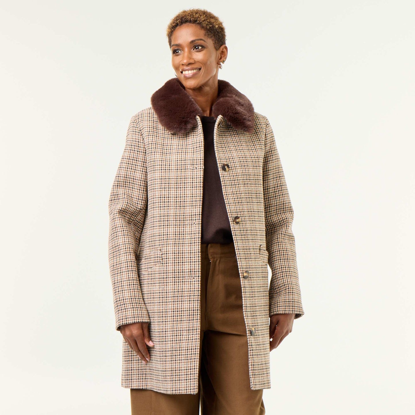 Houndstooth Coat with Faux Fur Collar BROWN
