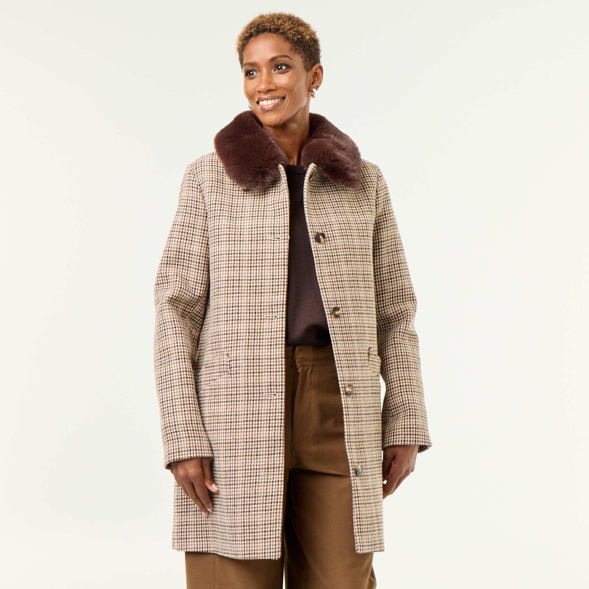 Houndstooth Coat with Faux Fur Collar BROWN