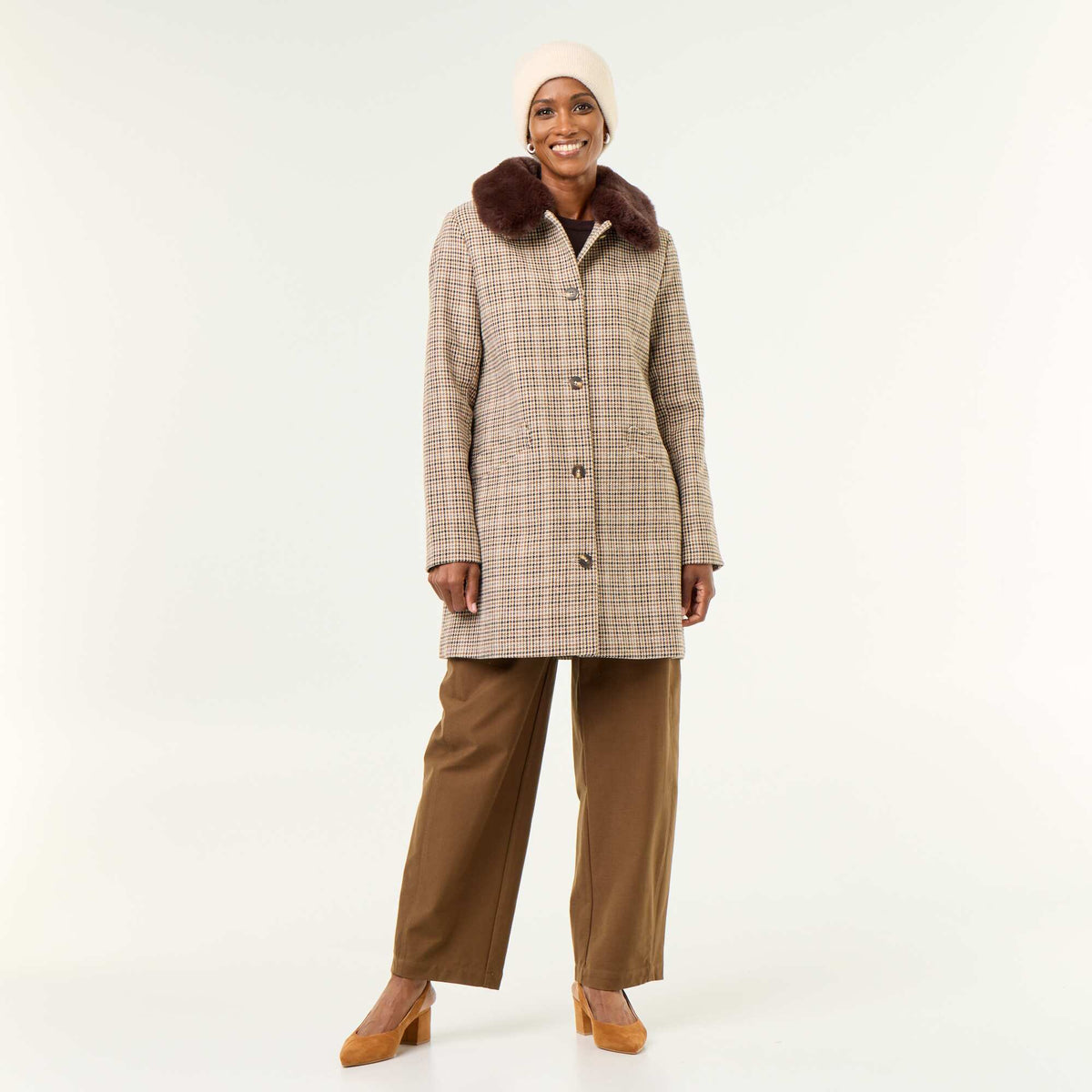 Houndstooth Coat with Faux Fur Collar BROWN