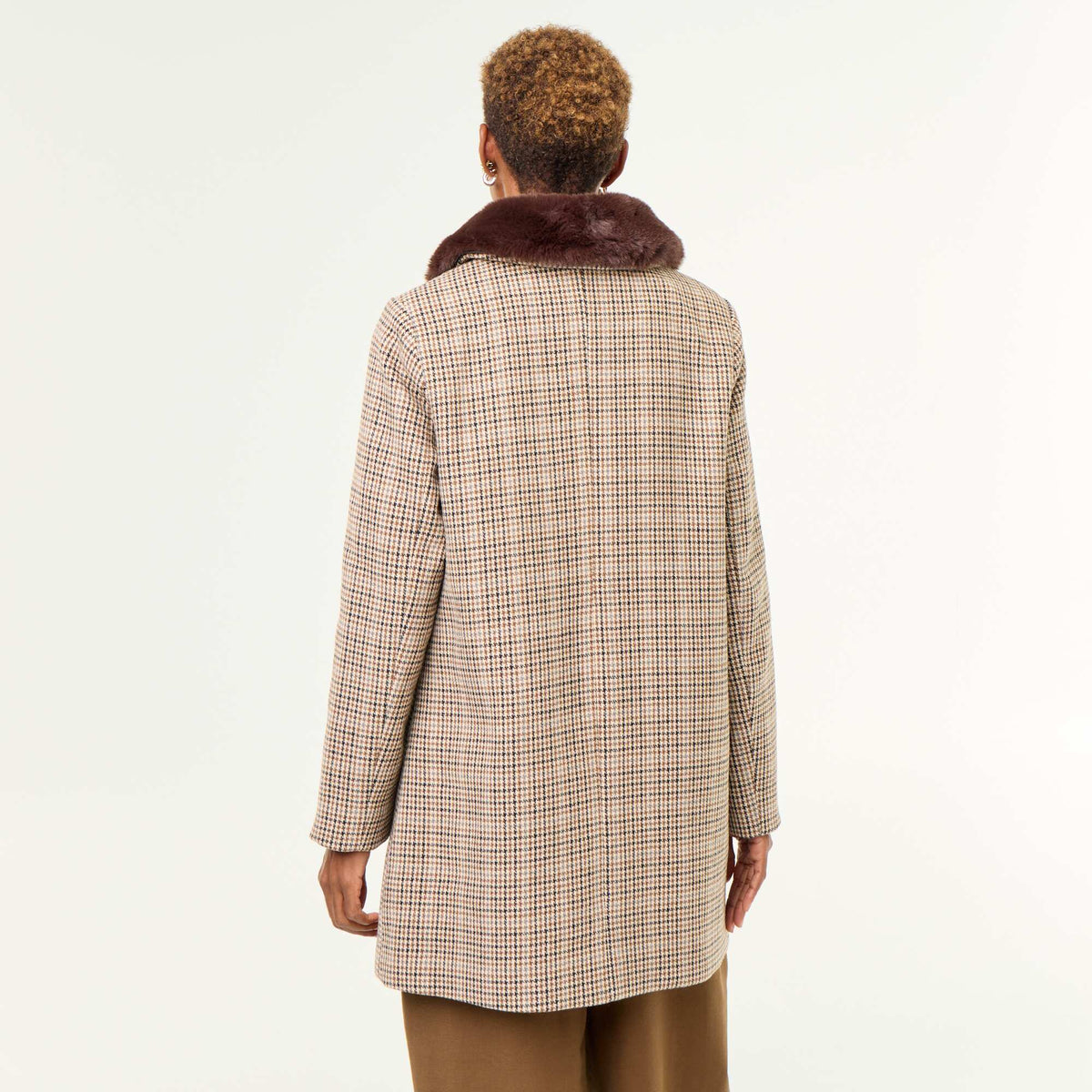 Houndstooth Coat with Faux Fur Collar BROWN