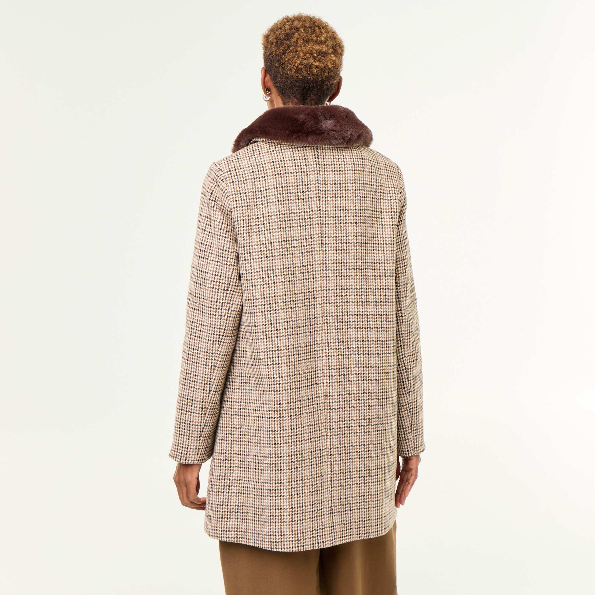 Houndstooth Coat with Faux Fur Collar BROWN