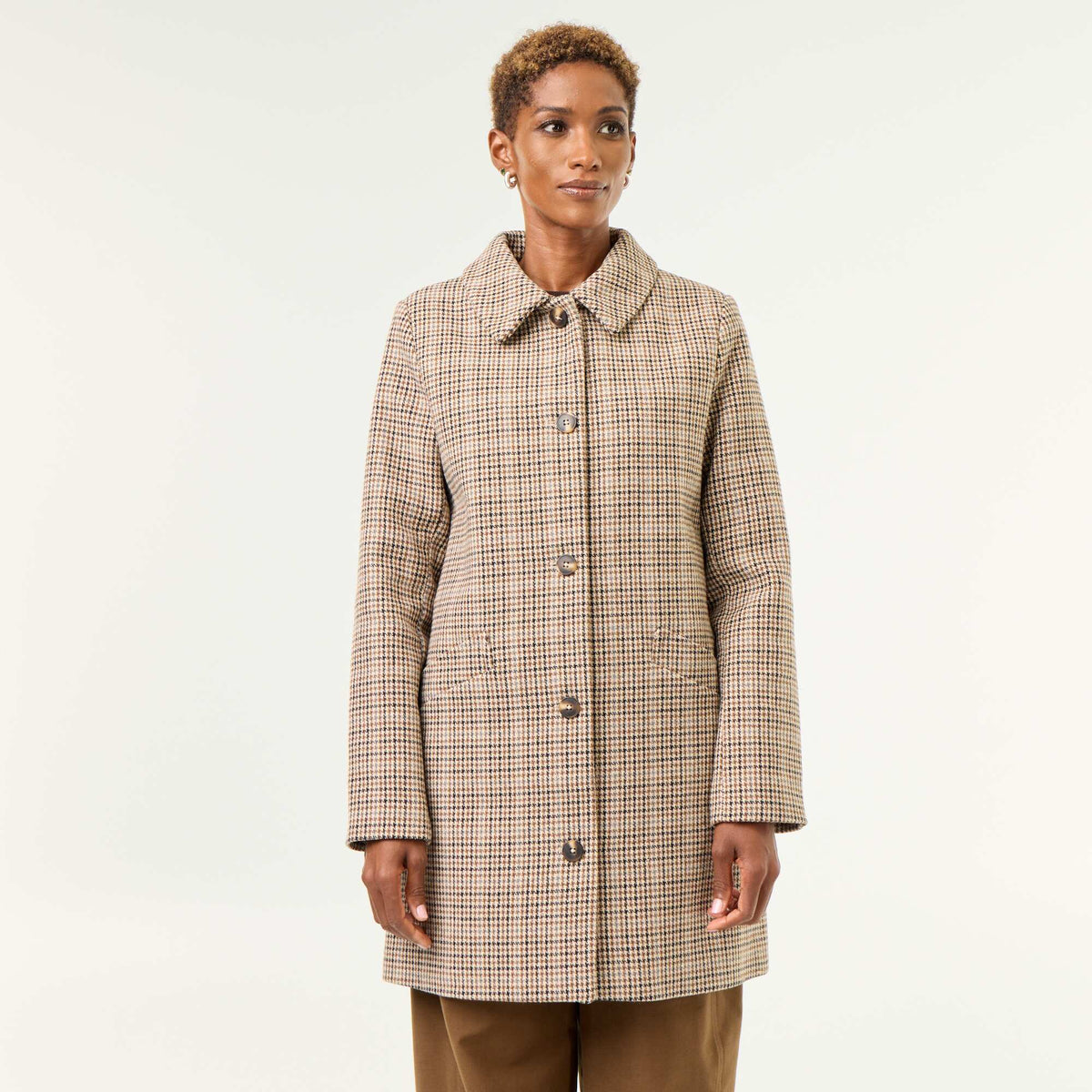 Houndstooth Coat with Faux Fur Collar BROWN
