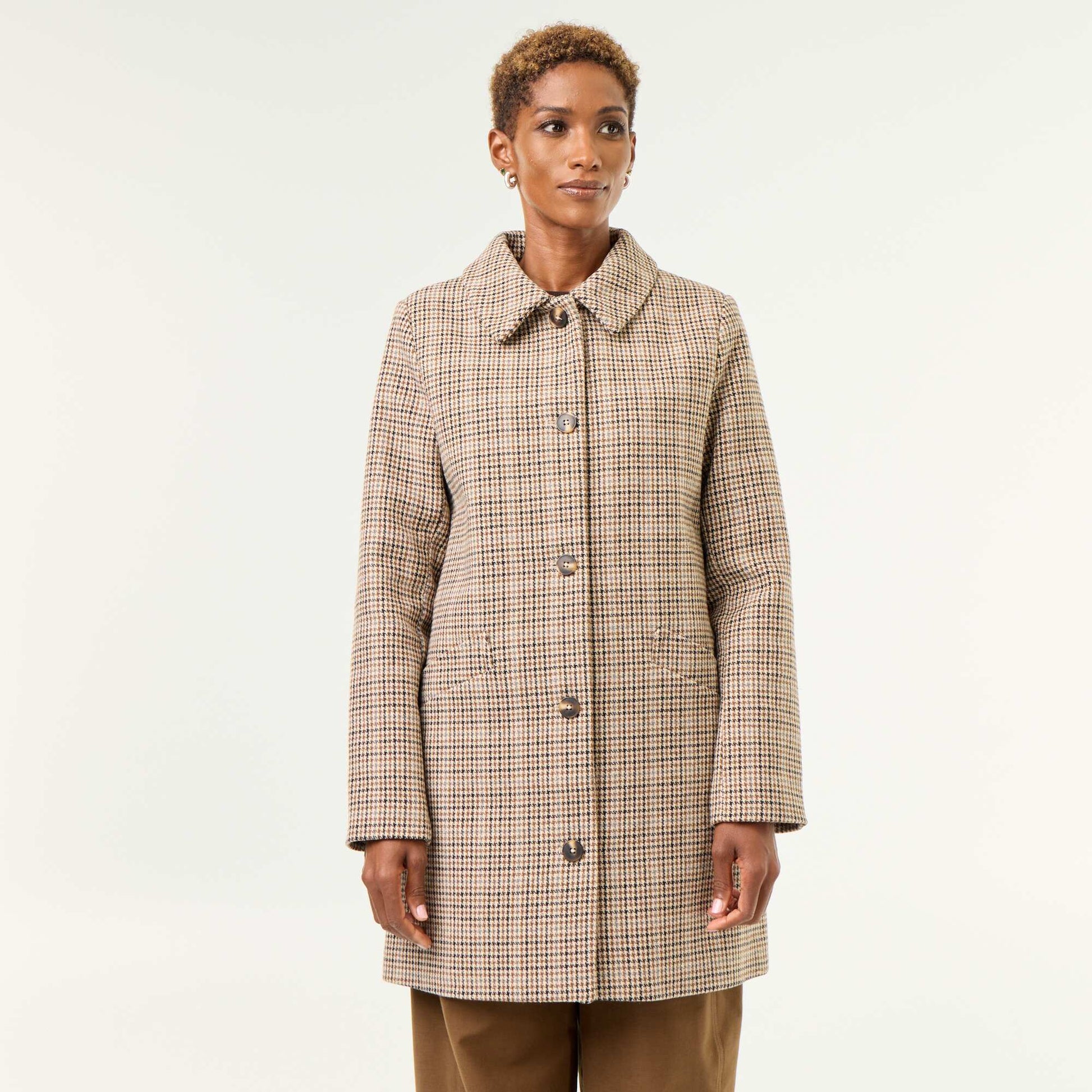Houndstooth Coat with Faux Fur Collar BROWN