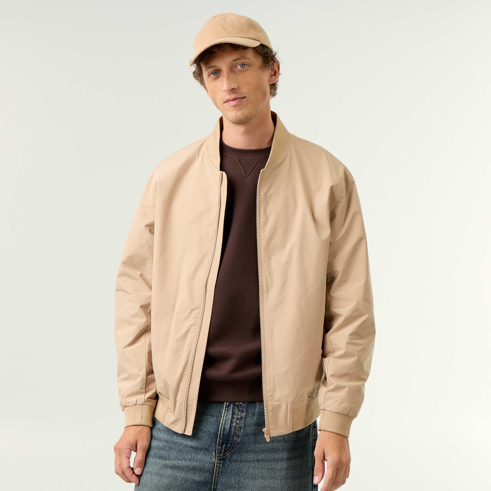 Lightweight Plain Zip-Up Jacket BEIGE