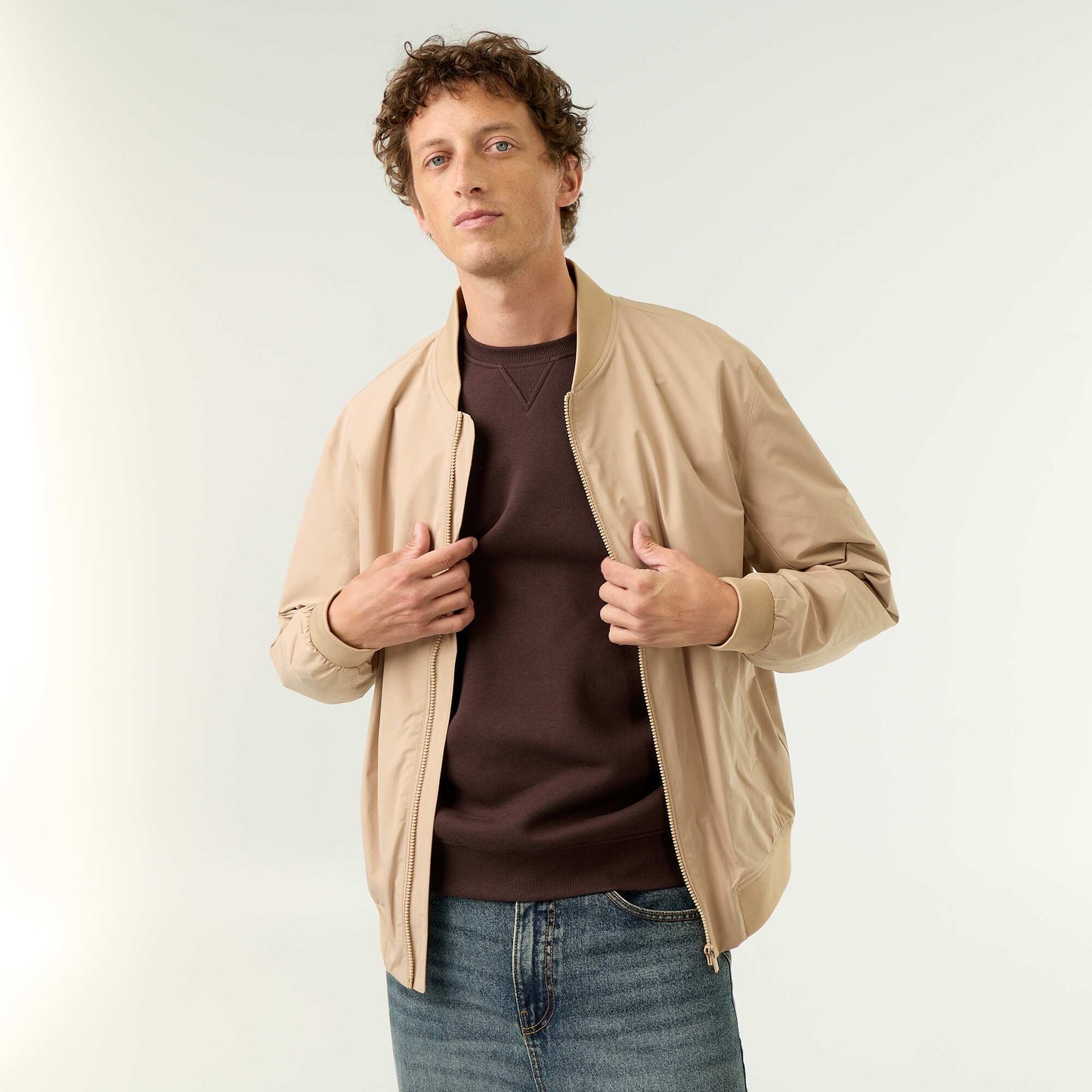Lightweight Plain Zip-Up Jacket BEIGE