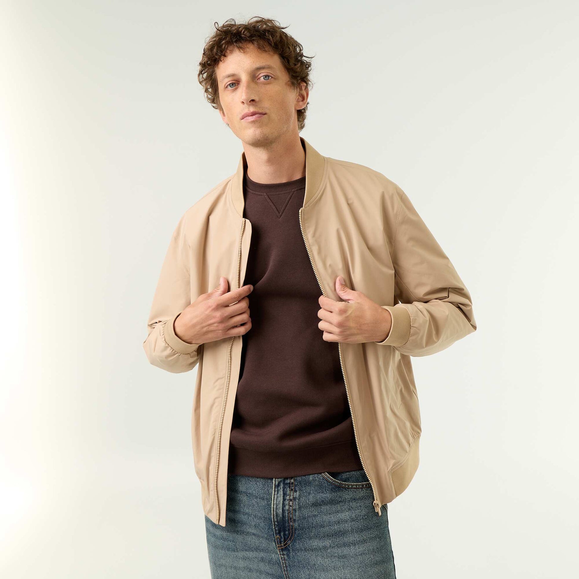 Lightweight Plain Zip-Up Jacket BEIGE