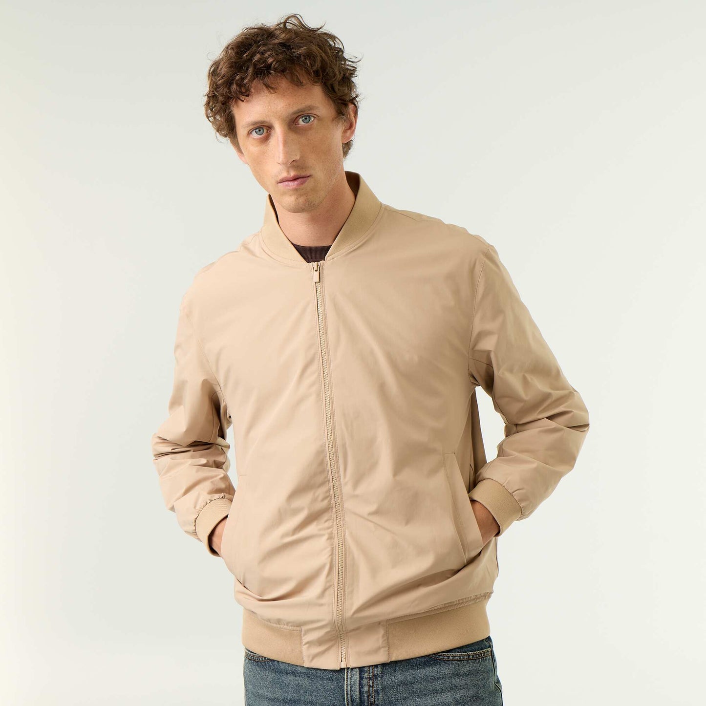 Lightweight Plain Zip-Up Jacket BEIGE