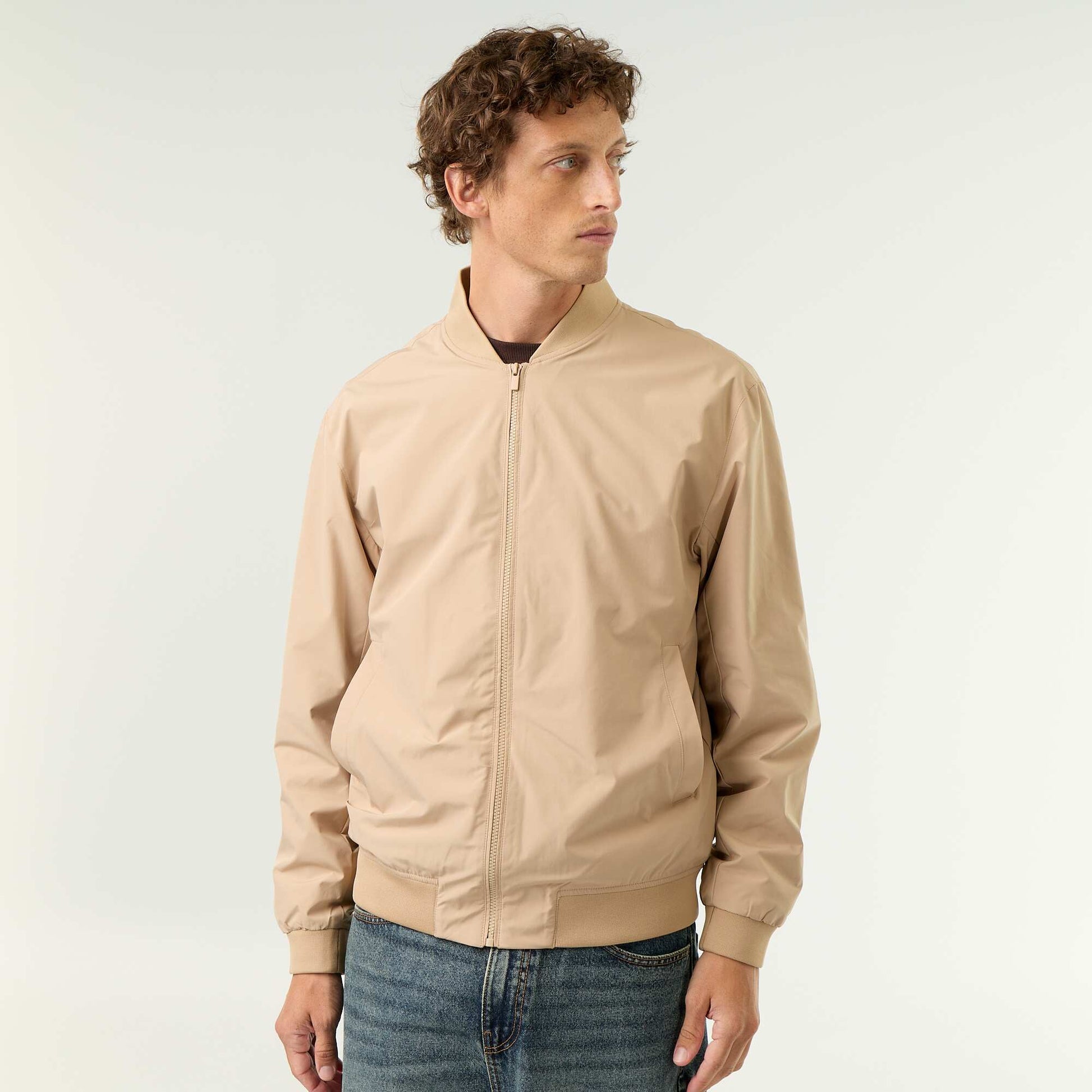 Lightweight Plain Zip-Up Jacket BEIGE